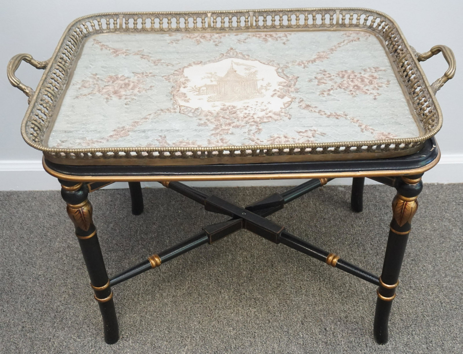 BRONZE MOUNTED PORCELAIN CHINOSERIE TRAY TABLE: Bronze Mounted Enameled Porcelain Chinoserie Tray Table. Made in China. Weight 22 pds. Measures 28"x18"x20". PROVENANCE: A Private Charleston SC Estate .***Pickup only or Shipping on this item offered