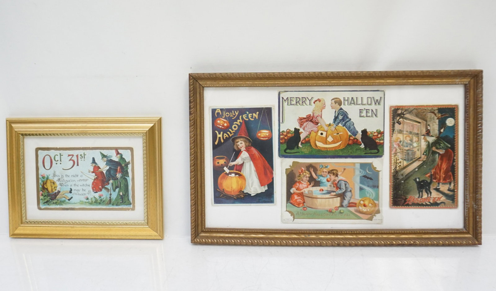 5 ANTIQUE HALLOWEEN POSTCARDS FRAMED: Five Antique Late Victorian Halloween Postcards all are c. 1900-1912. Framed. One in one frame and another Group of 4 in another frame. Both frames are gilt wood. Smaller 8 1/2"x 6 3/4". Larger 15"x9 