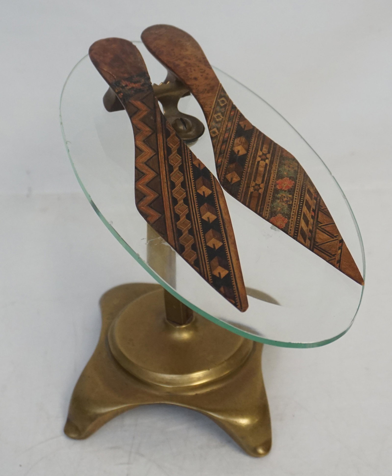 2 SORRENTO 19th c. SHOES ON STAND: Pair of Antique, 19th c. Sorrento Ware, olive wood letter opener / page turners. Taking the form of an elegant Victorian heeled shoes, they are beautifully made and features exquisitely intricate, mic