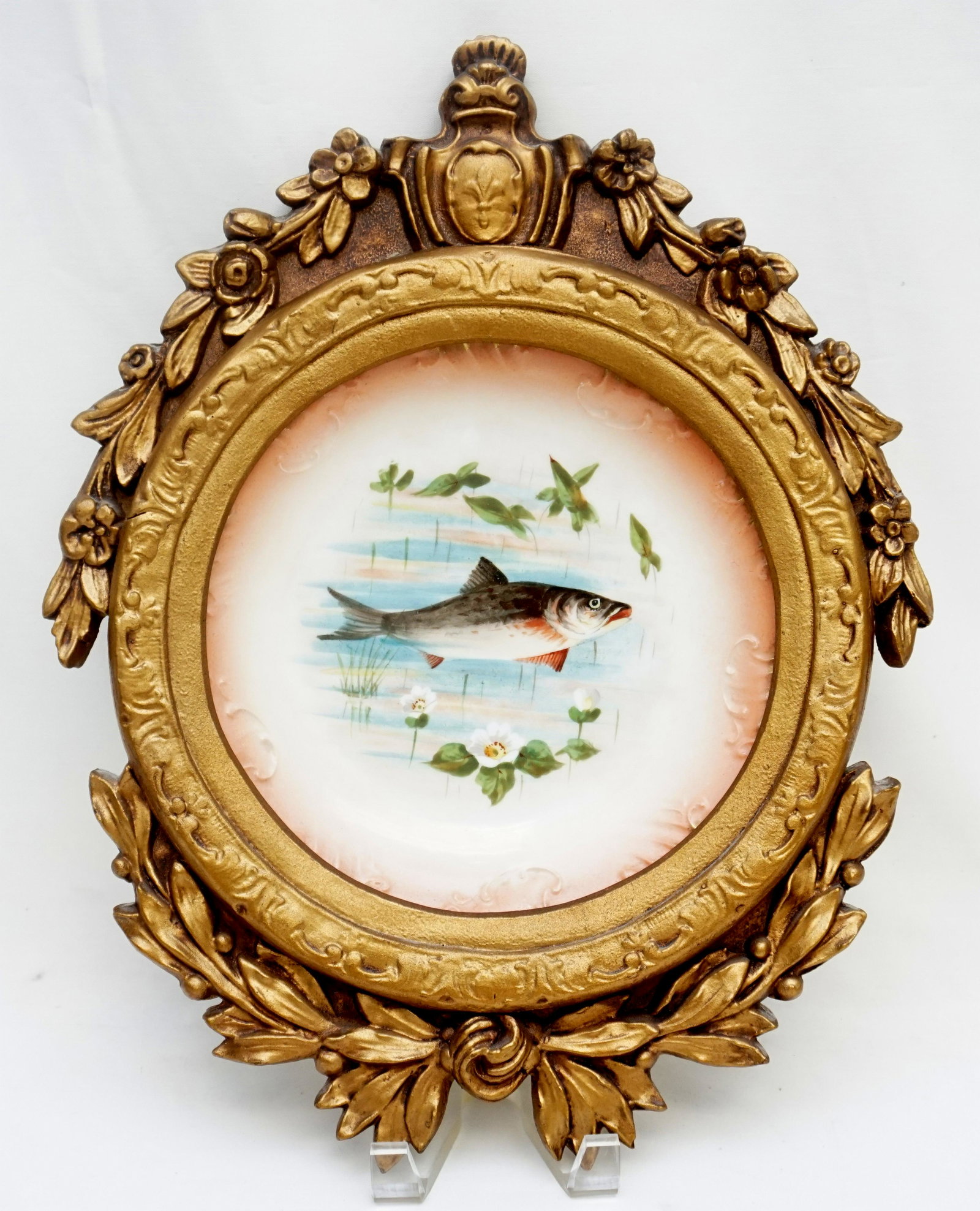 ANTIQUE LIMOGES HAND PAINTED FISH PLATE: Limoges Hand Painted Fish Plate mounted in Gilt Composite Frame. Green Limoges mark identifies the factory as LaViolette (1896-1905). With mark for Lazarus Strauss & Sons of New York, founded in 1869.