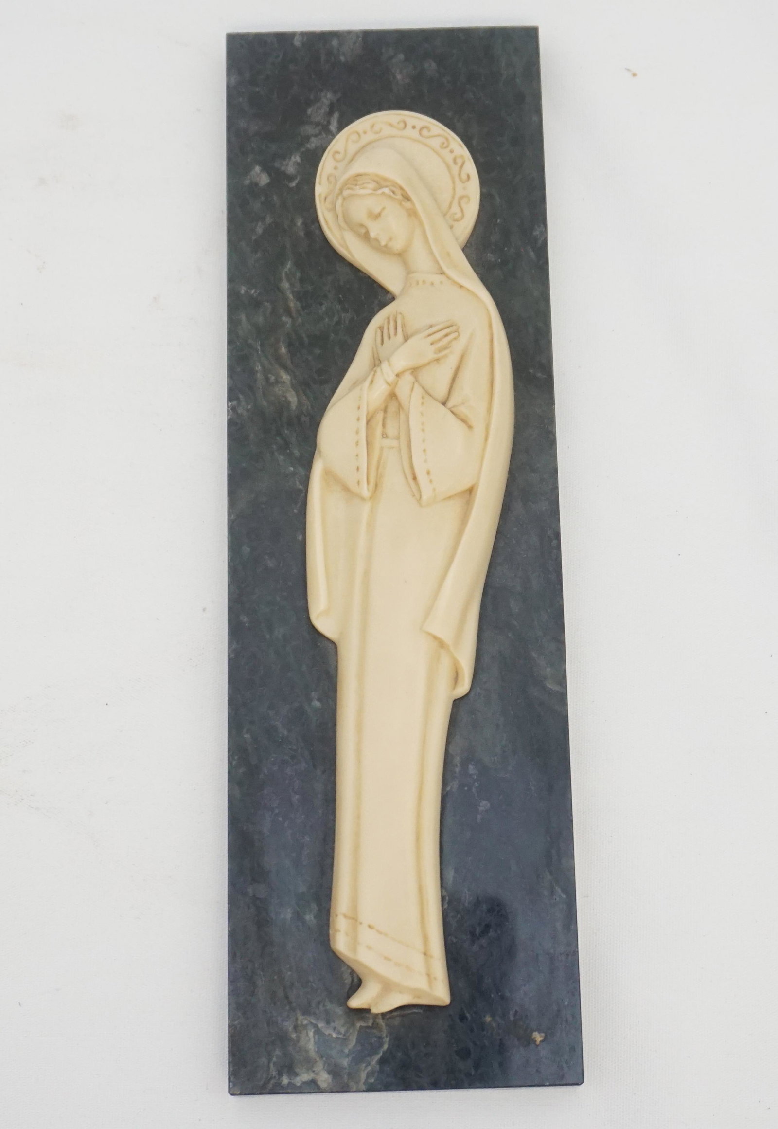 ALABASTER MADONNA MARBLE PLAQUE: Mid Century Italian Alabaster Madonna Marble Plaque. Measures 10"x3"x1". Weight 2 pds. PROVENANCE: A Private Charleston SC Estate