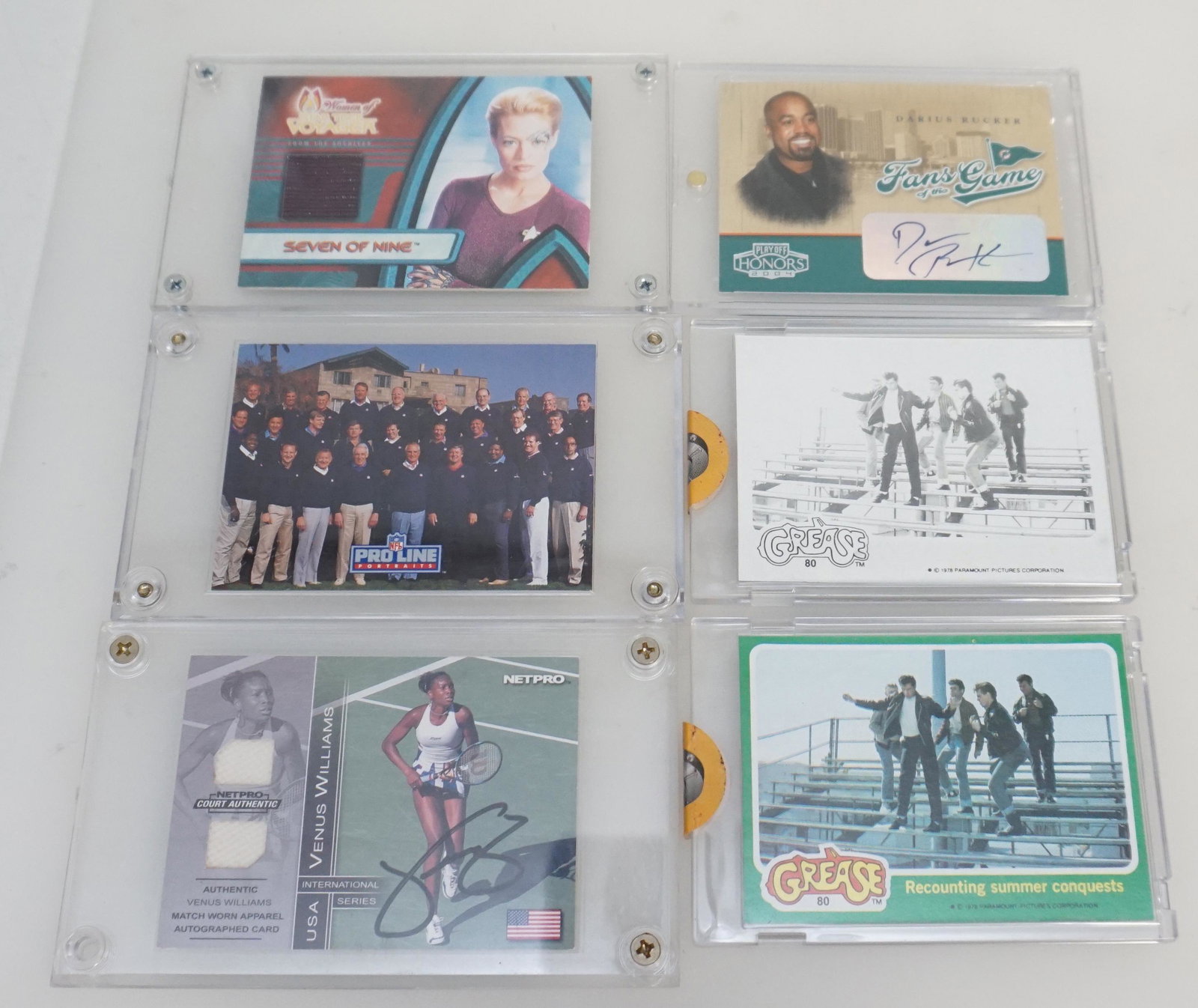 6 AUTOGRAPH + COLLECTIBLE CARDS: 1- Darius Rucker Fand of the Game autograph. 2- Venus Williams autograph and swarch piece from a match worn outfit. 3- Chris Berman "Boomer" ESPN sportscaster Autograph Card. 4- Jeri Ryan Star Trek Co