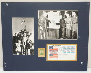 JOE ROSENTHAL & JOHN BRADLEY SIGNED FDC: Joe Rosenthal (1911-2006) and John H. Bradley (1923-1994) signed FDC along with a Associated Press Photo of President Truman with the 3 survivors of the flag raising at Iwo Jima and a Iwo Jima Commemo