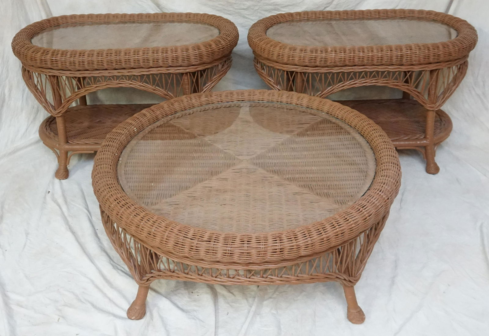 THREE WICKER TABLES W GLASS TOPS (1 of 9)