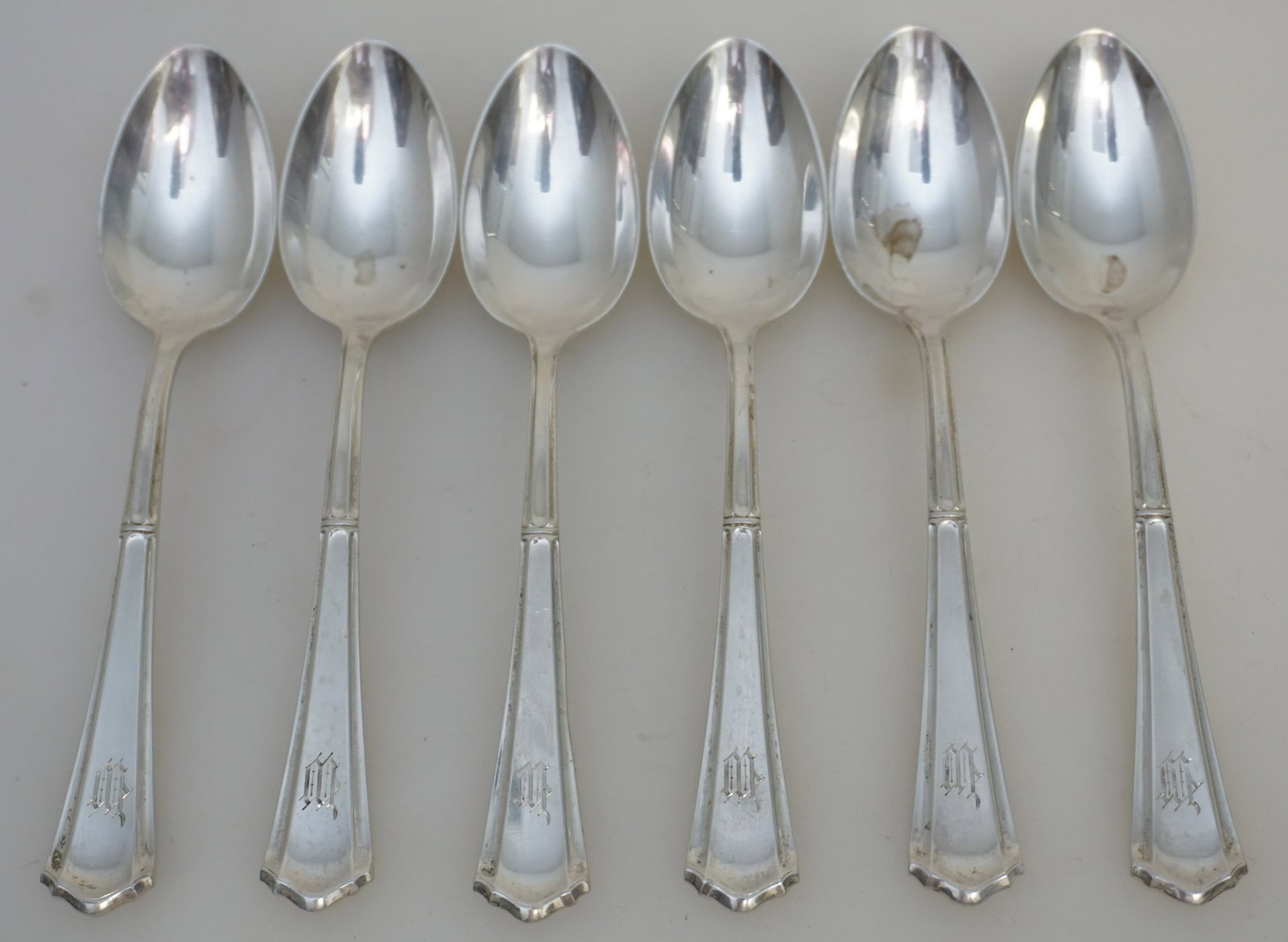 6 STERLING SILVER LIBERTY 1916 TEASPOONS: Six Sterling Silver Teaspoons in the "Liberty" pattern c. 1916 by Watson Company. Monogrammed. Each 5 3/4". Weight approximately 130 grams. PROVENANCE: A Private Charleston SC Estate