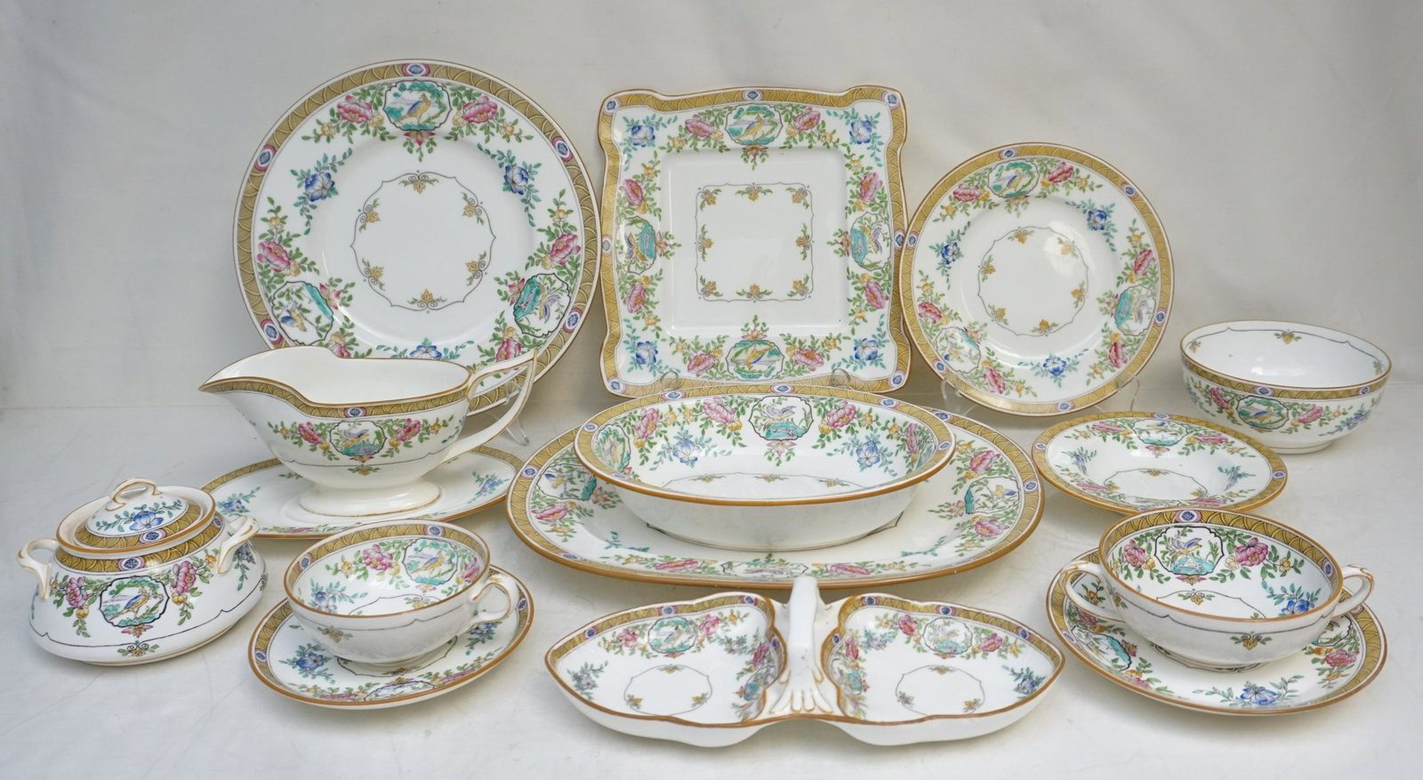 88 PIECE MINTON CHINA JAPONICA: 88 Pieces of Vintage Minton China in the Japonica Pattern. 13 Bread & Butter, one discolored. 9 Saucers for cream soup, 12 saucers,10 dinner plates 1 with flea bite to rim, 6 teacups, 1 gravy boat wit