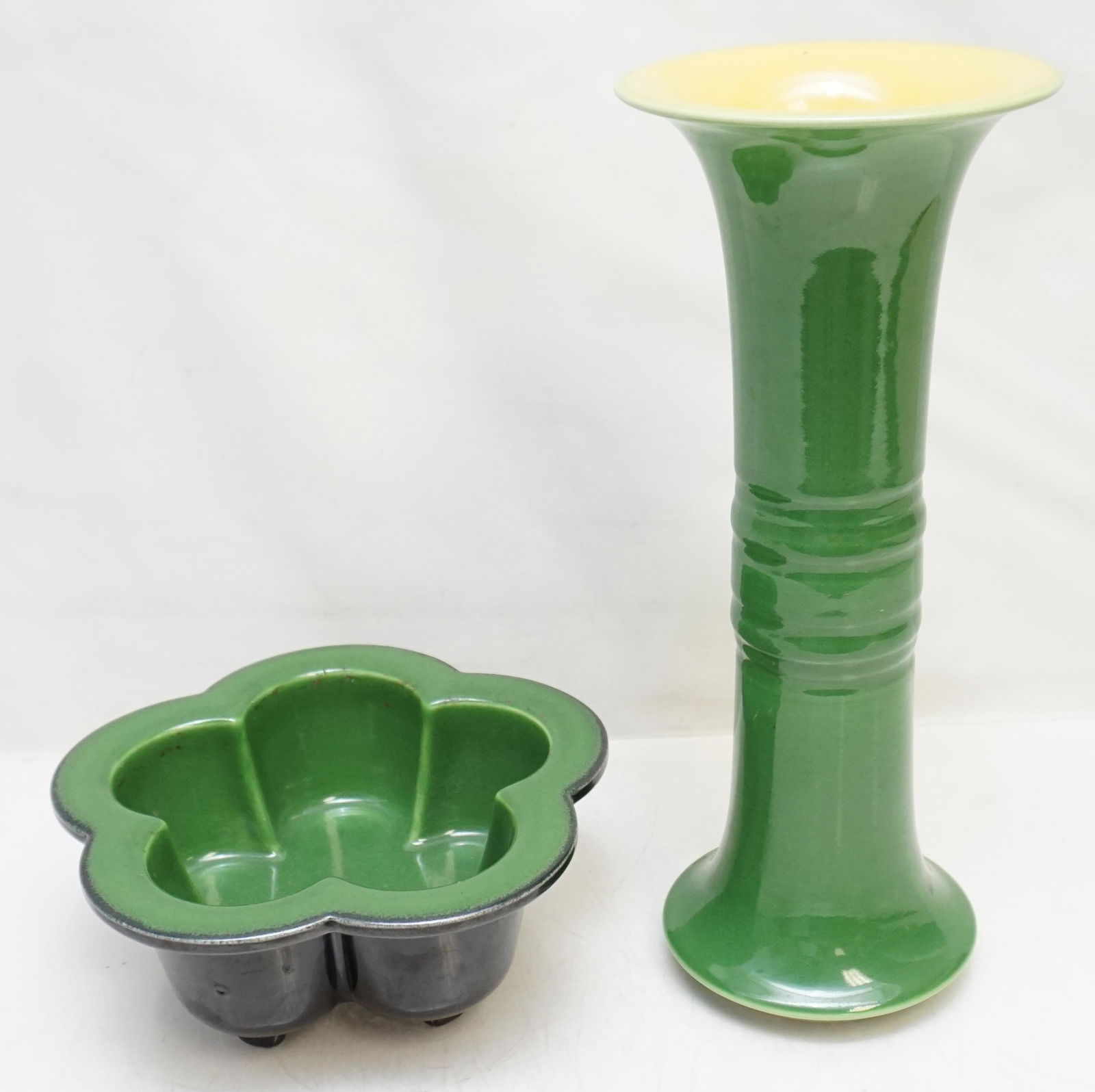 2 ROOKWOOD ART DECO 1920s VASE & BOWL: 1- Rookwood Bowl, in the Art Deco style, a low bowl modelled in the shape of a five petaled floral blossom, with deep rounded sides and a broad outlining flat rim, raised on five block feet, interior