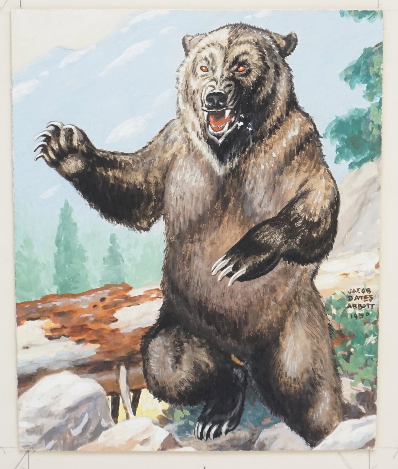 JACOB BATES ABBOTT BEAR ILLUSTRATION: Original 1950 Jacob Bates Abbott (1895-1950) Illustration of a Grizzly Bear. Gouache on Artist Board, mounted to board. Illustration 9"x11". Entire measures 14 1/2"x12 1/4". Weight 9 oz. PROVENANCE: T