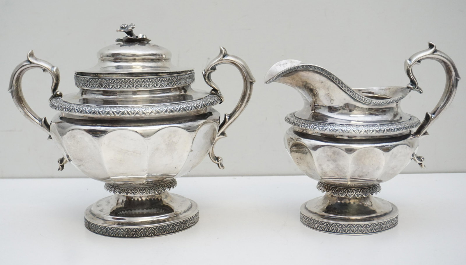 AMERICAN c 1830 COIN CREAM AND SUGAR: Large American Classical Coin Silver Creamer and Covered Sugar c. 1830 by Nicholas James Bogert of New York, NY 1801-1803 and St. Andrew's (now Montgomery), NY 1803-1843. Both with C scroll handles, l