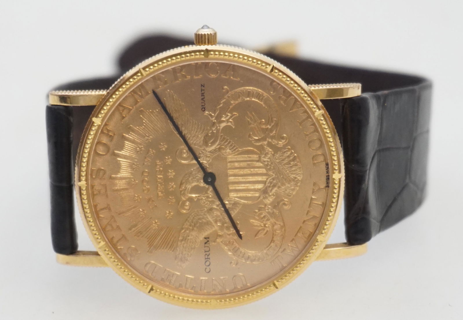 GENTLEMAN'S CORUM $20 LIBERTY COIN: Gentleman's Corum Watch, $20 Gold Coin, 18k Gold Case, Quartz, Circa 1990's Case: 36 mm, 1904 $20 Liberty gold coin minted in Philadelphia, reeded rim, diamond set crown, 36 mm, straight down turned l