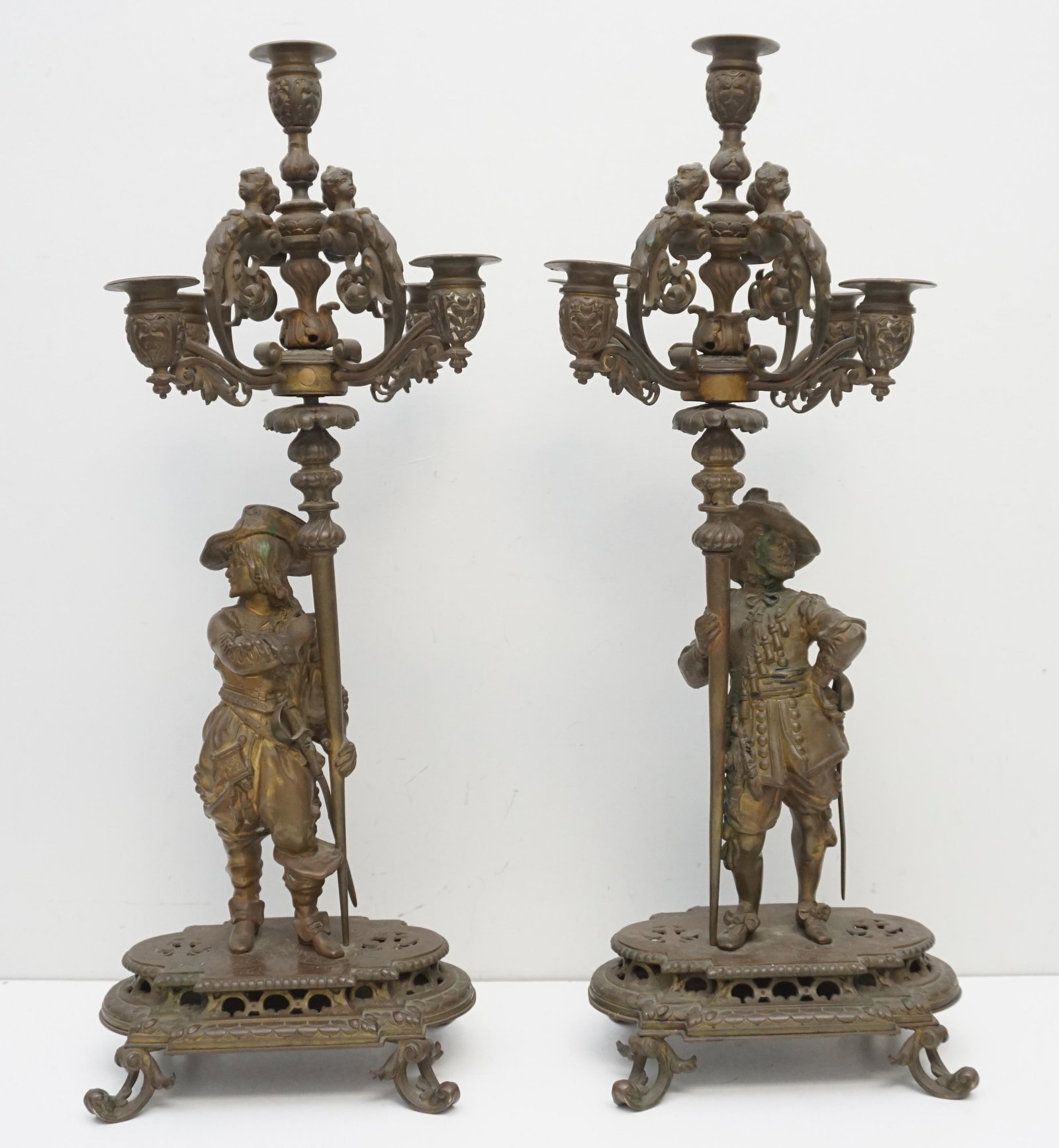 PAIR LARGE FRENCH BRONZE CAVALIER CANDELABRA: Pair of Large Antique French Bronze Five Arm Figural Cavalier Candelabra. They measure 11"x11"x25 1/2". Weight combined approximately 38 pds. PROVENANCE: The Estate of Dr. Fraser Wilson, Charleston SC