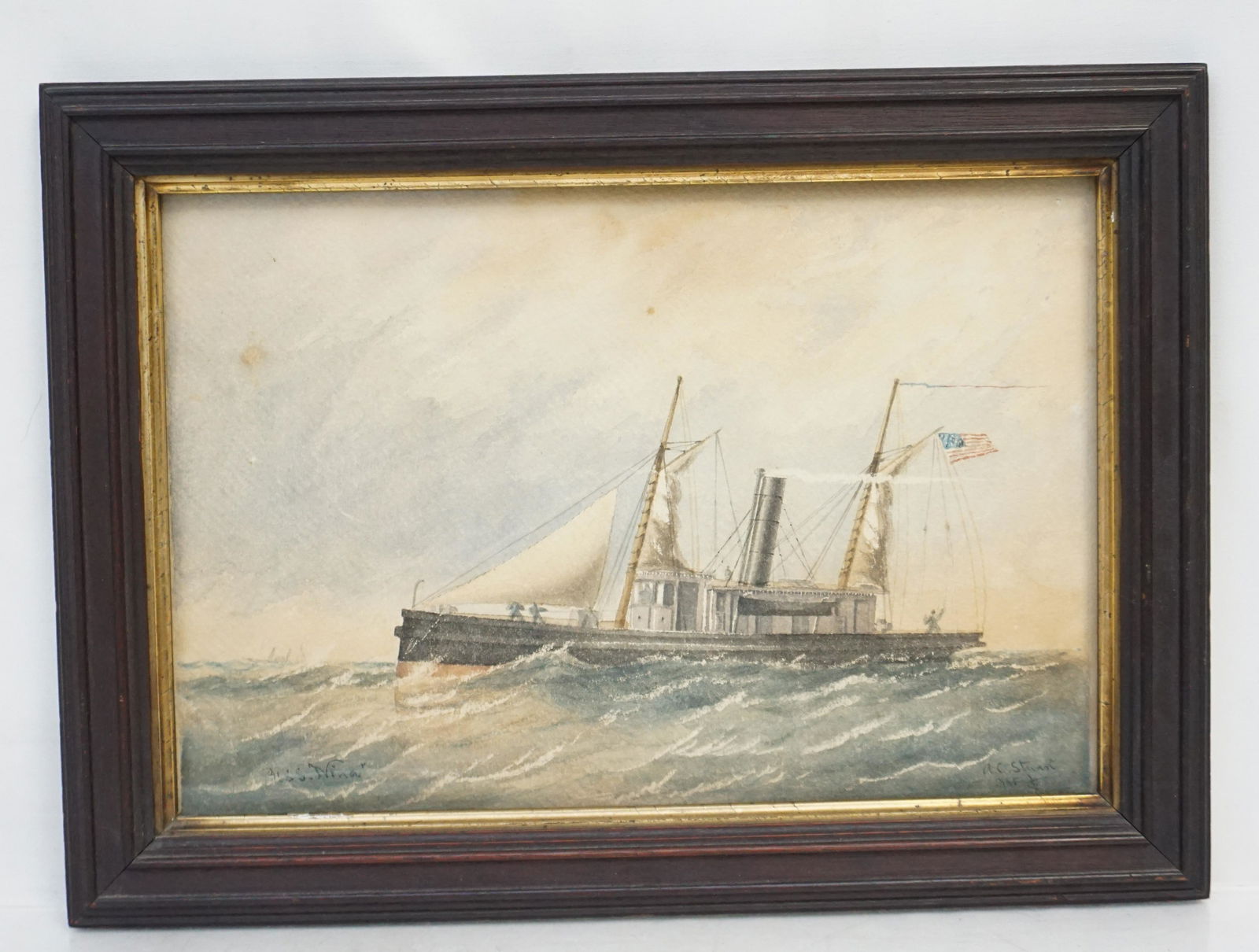 ALEXANDER CHARLES STUART WATERCOLOR USS NINA: Alexander Charles Stuart, (Scottish/American, PA, 1831-1898) Watercolor of the USS Nina. The USS Nina, a 4th rate iron screw steamer, was laid down by Reaney, Son & Archbold, at Chester, Pennsylvania,