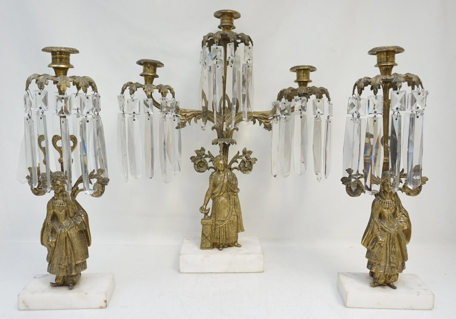 3 PIECE GIRANDOLE SULTANA SET: American Rococo Revival style three piece Gilt Bronze Girandole set of the Sultana Model, attributed to Cornelius & Co., Philadelphia, c.1845 to 1861, with elaborately foliated candle-arms and rosette
