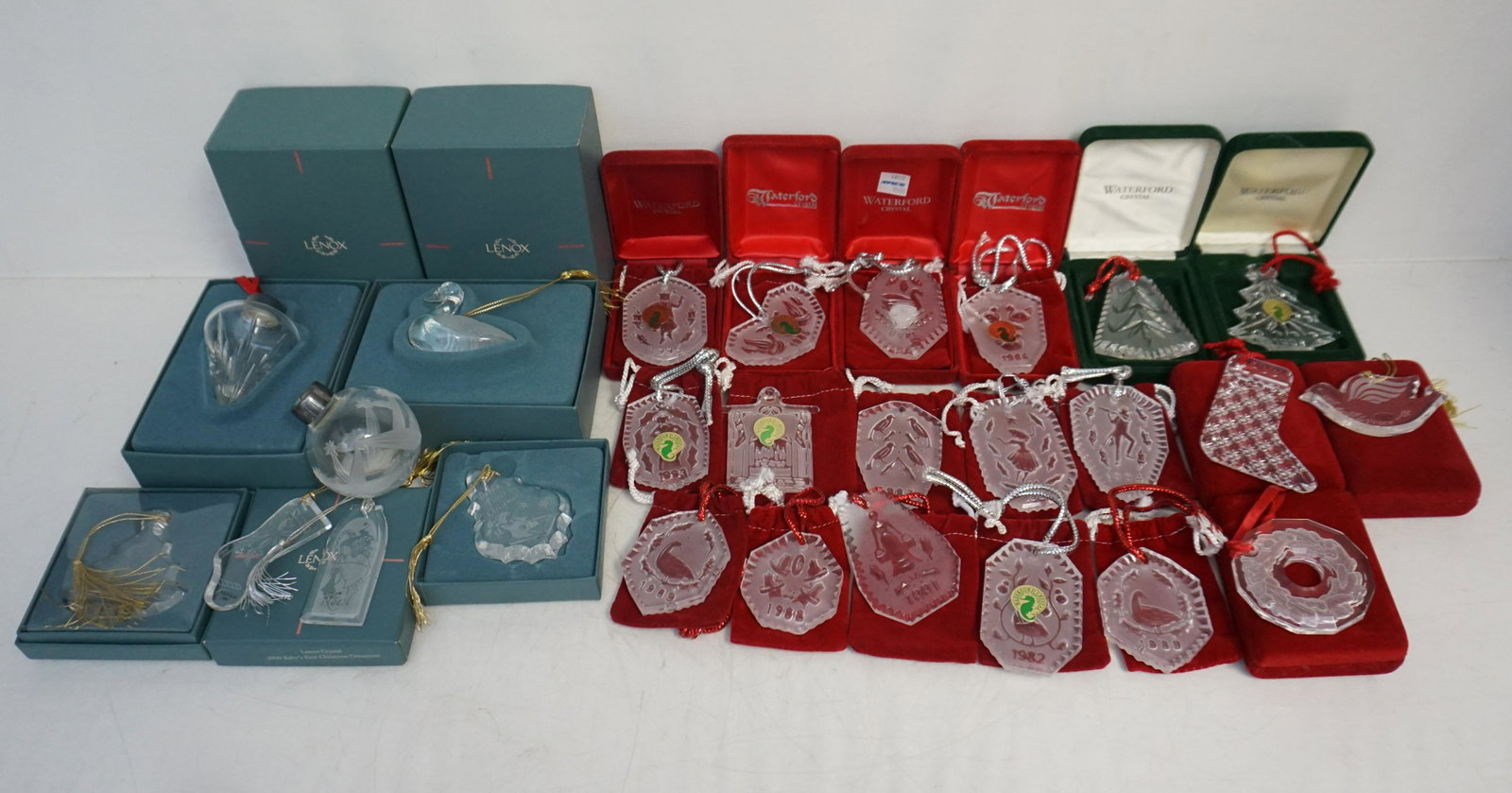 26 WATERFORD & LENOX ORNAMENTS: All are Vintage and in Excellent condition. 16 Waterford Crystal Ornaments in the Original Presentation Boxes. 10 Lenox Crystal Ornaments, 4 in the original boxes and 6 wrapped in tissue. Weight on al