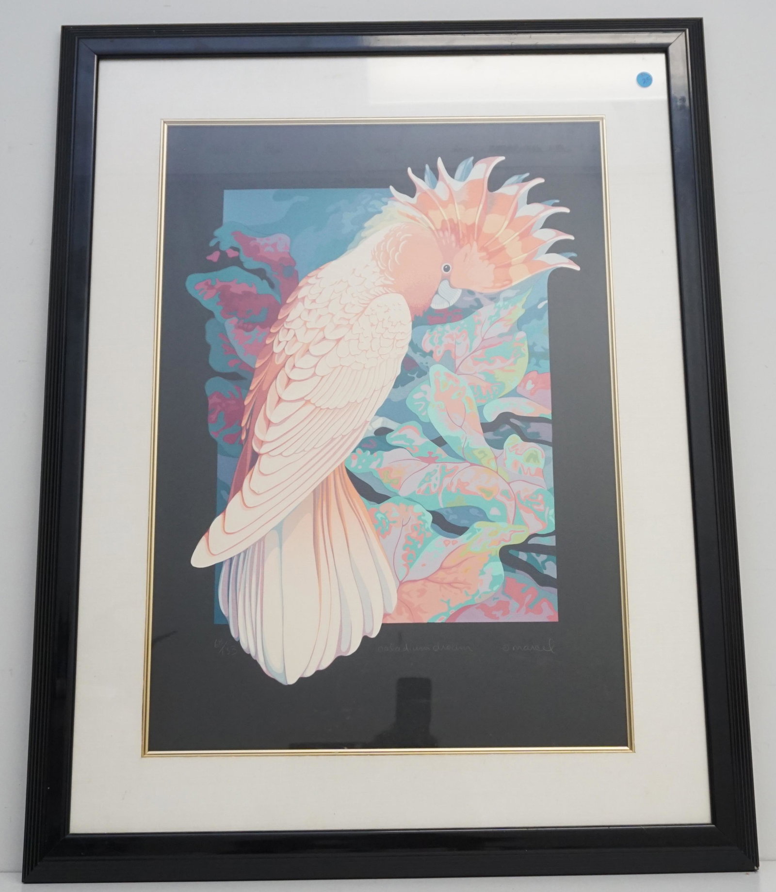 MARCEL LTD ED SERIGRAPH COCKATOO: Marcel Limited Edition Cockatoo Serigraph "Caladium Dreams". A graduate of the Cornish School of Allied Arts in Seattle, Marcel continued her studies at The Art Students League in New York on a Hallma