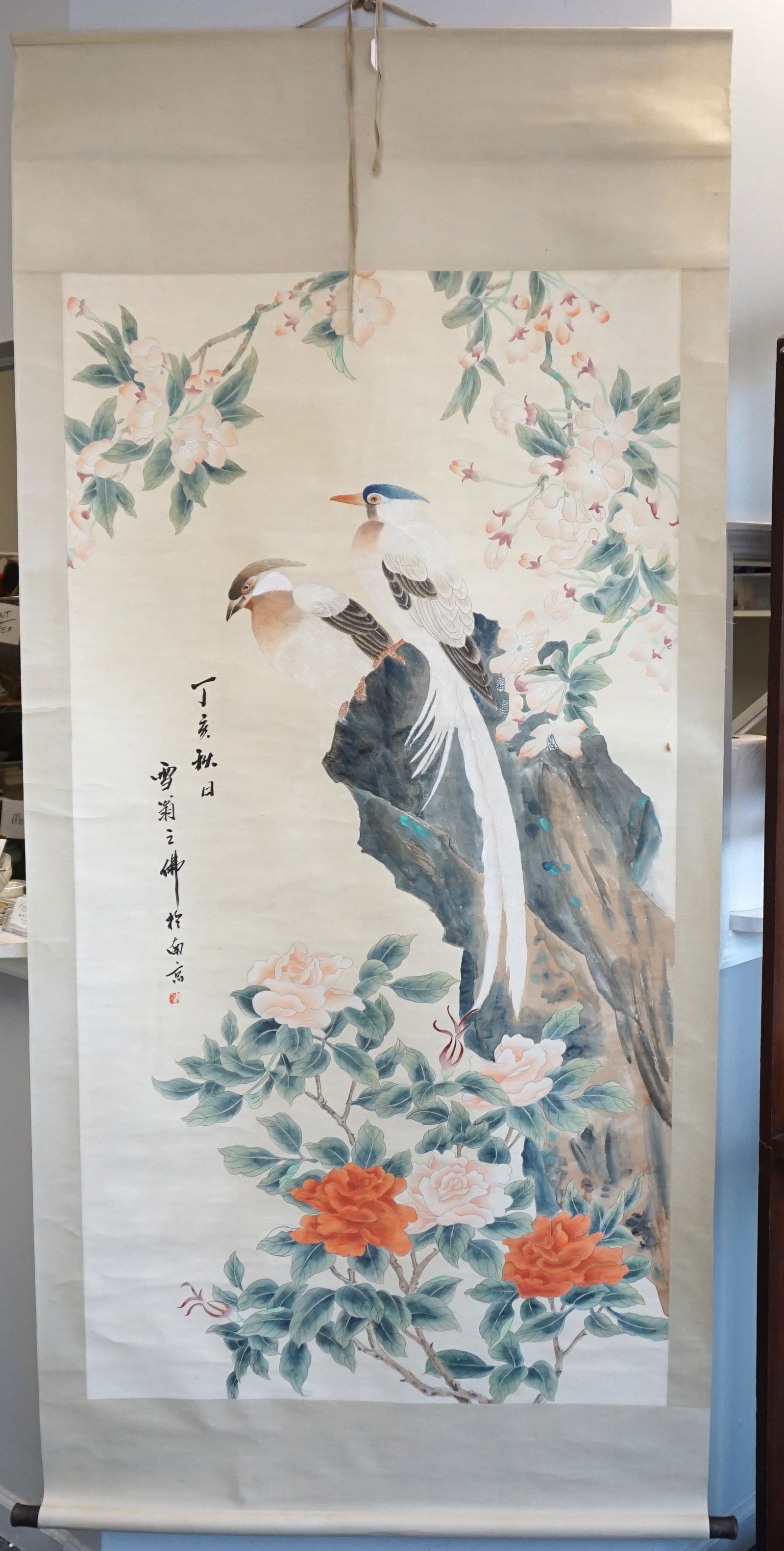 HAND PAINTED CHINESE SCROLL: Large Hand Painted Chinese Scroll. Birds and Flowers. Signed. 90"x49". Weight 4 pds. ***Pickup only or Shipping on this item offered through Pak Mail 843-849-0310 - info@charlestonshipping.com. The UP