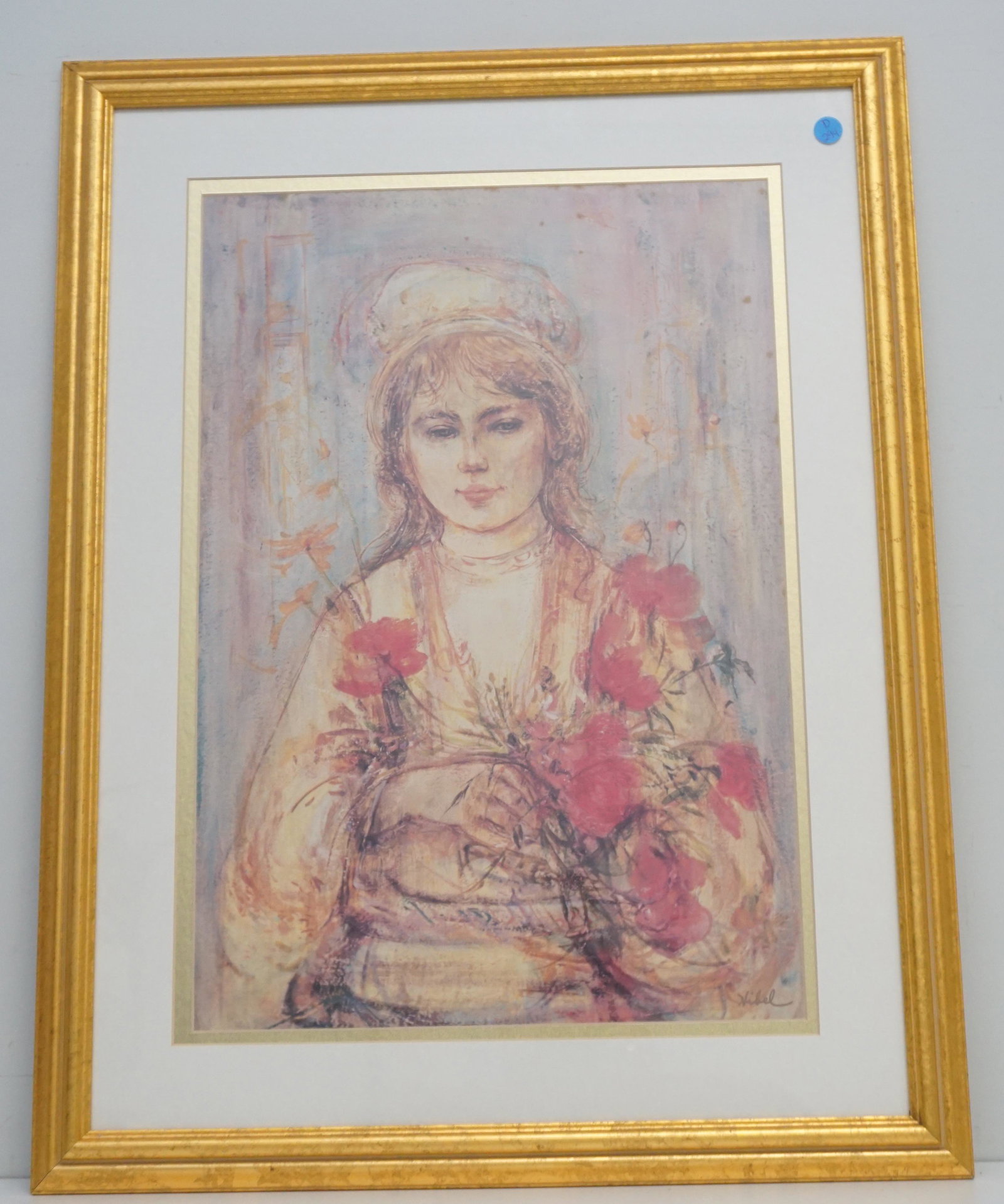EDNA HIBEL LTD ED MELODY: A limited edition offset lithograph after Edna Hibel. This print features a painting originally by listed artist Edna (Hibel) Plotkin (1917-2014) titled Melody. It depicts a female in a soft impressio