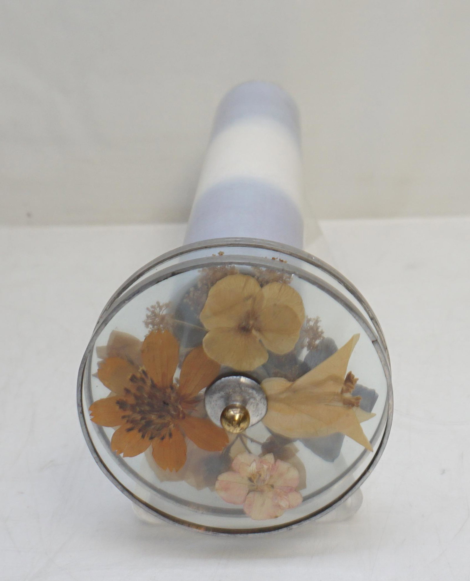 KALEIDOSCOPE PORCELAIN COLORSCOPE: Unique hand crafted and hand painted porcelain pearlized luster Kaleidoscope by Colorscopes by Kosage made by Cheryl Kosage 1987. With plexiglass stand.