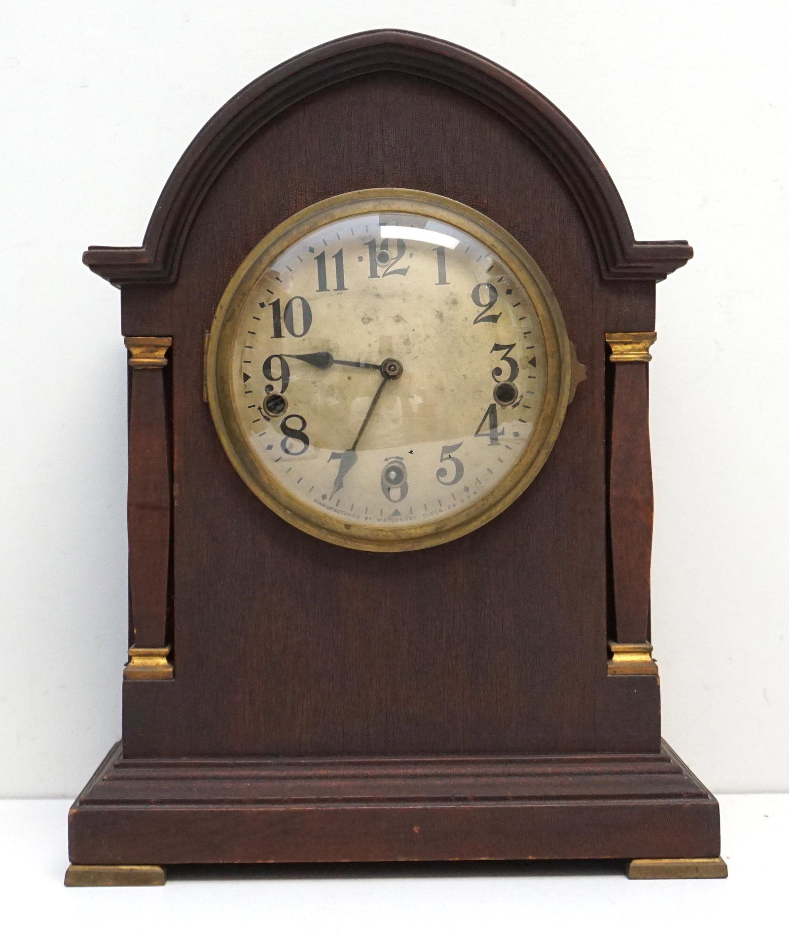 WATERBURY WESTMINSTER CHIME CLOCK: Antique Waterbury Westminster Chime Mantle Clock. No key, untested. Measures 12 1/2"x7 1/2"x 15'. Weight 10 pds 5 oz. PROVENANCE: The Estate of Dr. Fraser Wilson, Charleston SC. Dr. Wilson will be rem