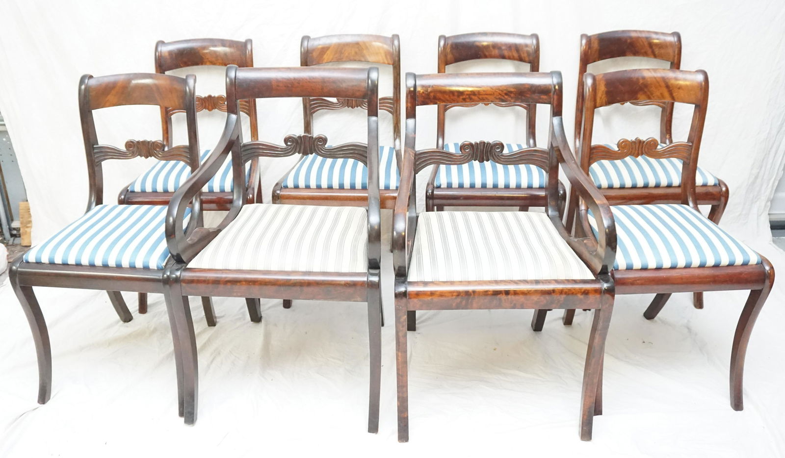 8 BIEDERMEIER DINING CHAIRS - VIENNA: Matched set of 8 Antique Biedermeier Dining Chairs. 19th c. Two Arm and 6 Side Chairs. Figured Walnut. Purchased in Vienna. The arm chairs in a gray and white upholsetery and the side chairs in blue a
