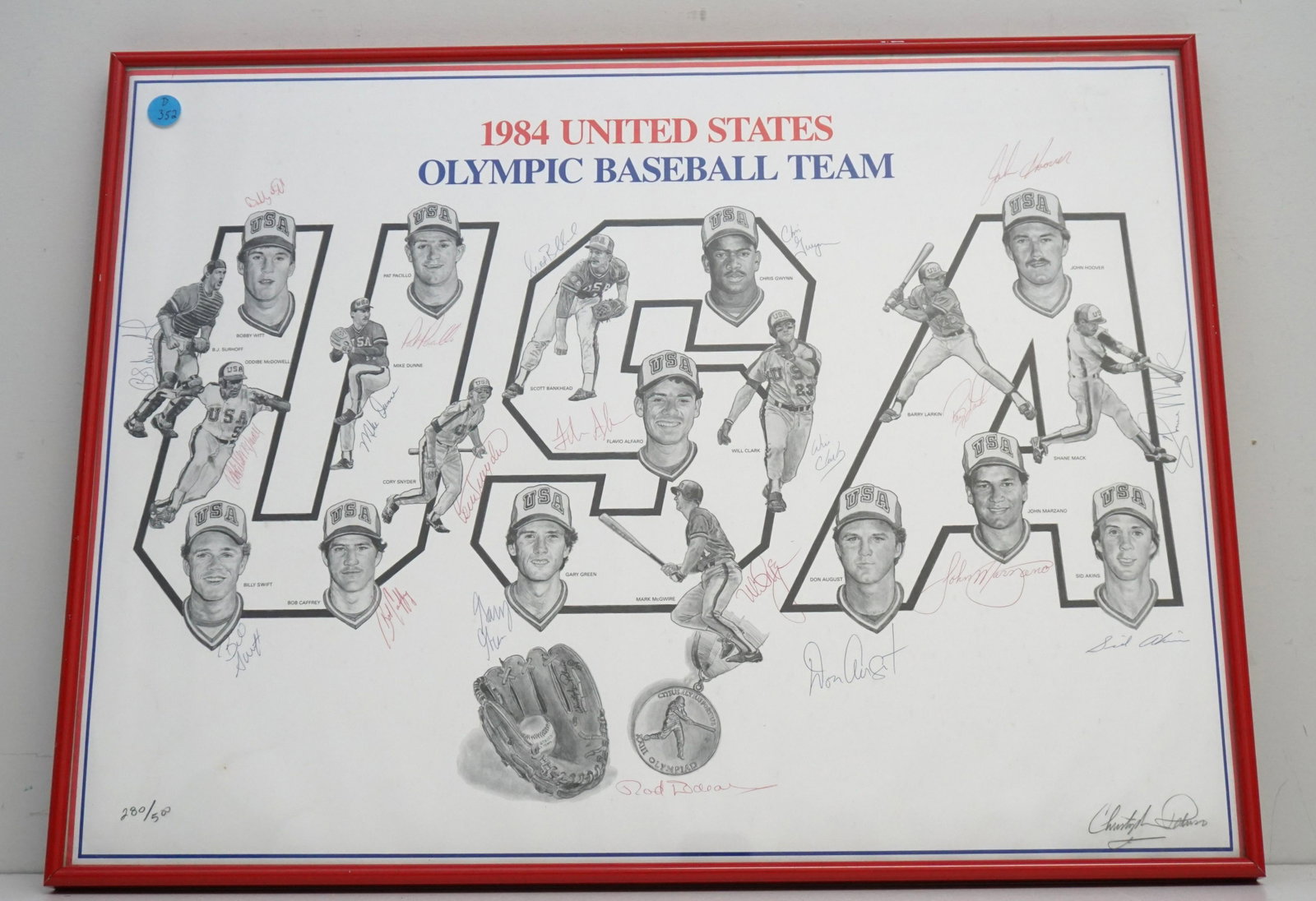 1984 AUTOGRAPHED OLYMPIC BASEBALL TEAM PRINT: Color limited edition 24 x 18 print of the 1984 United States Olympic Baseball Team, numbered 280/500, signed in ballpoint pen by 20 members of the team, including: Mark McGwire, Will Clark, Barry Lar