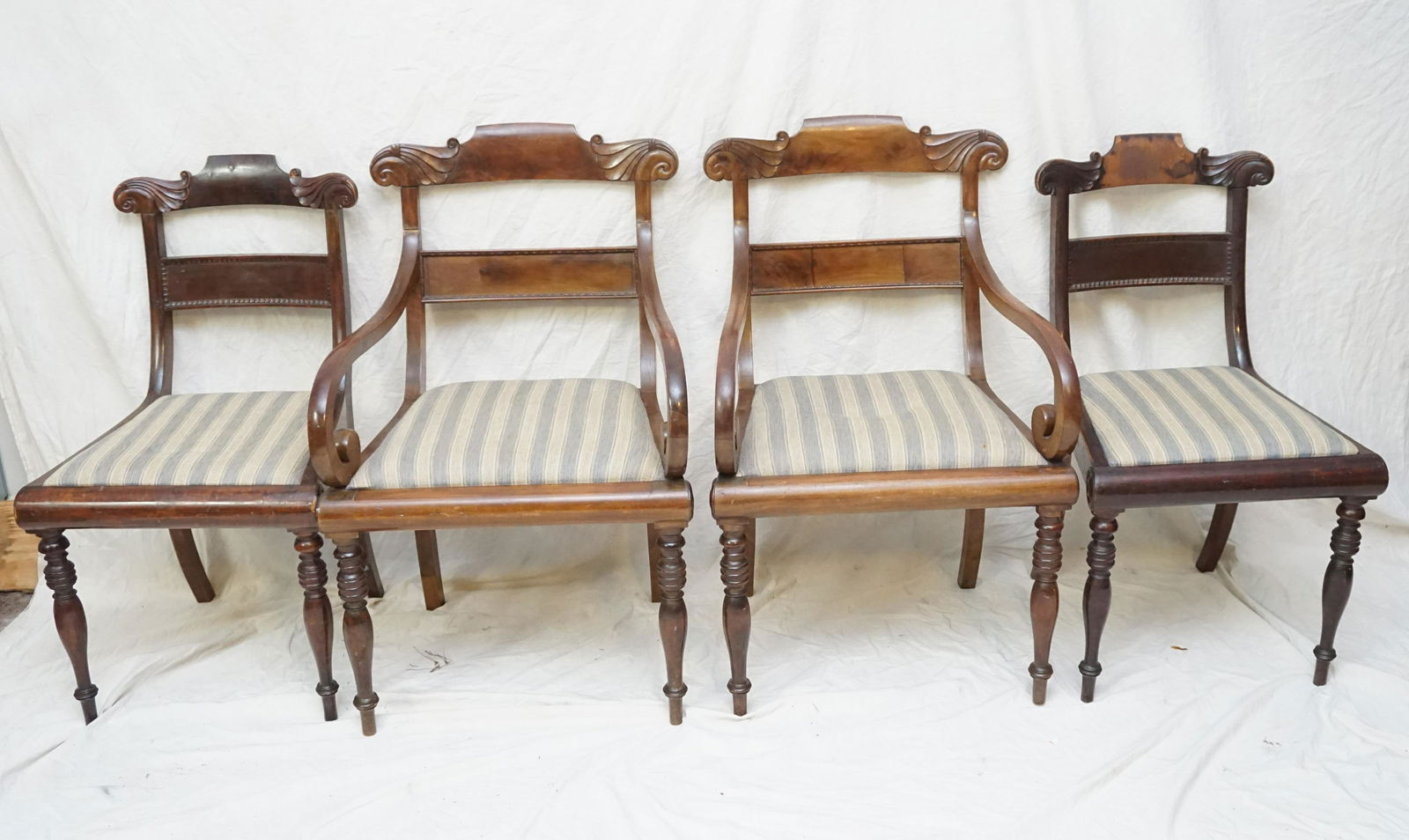 4 BIEDERMEIER DINING CHAIRS - VIENNA: Matched set of 4 Antique Biedermeier Dining Chairs. 19th c. Two Arm and 2 Side Chairs. Purchased in Vienna. Arm 23"x 20.5" deep x 36 "tall (Side)19" wide x 17" x 25"tall PROVENANCE: A Private Charlest