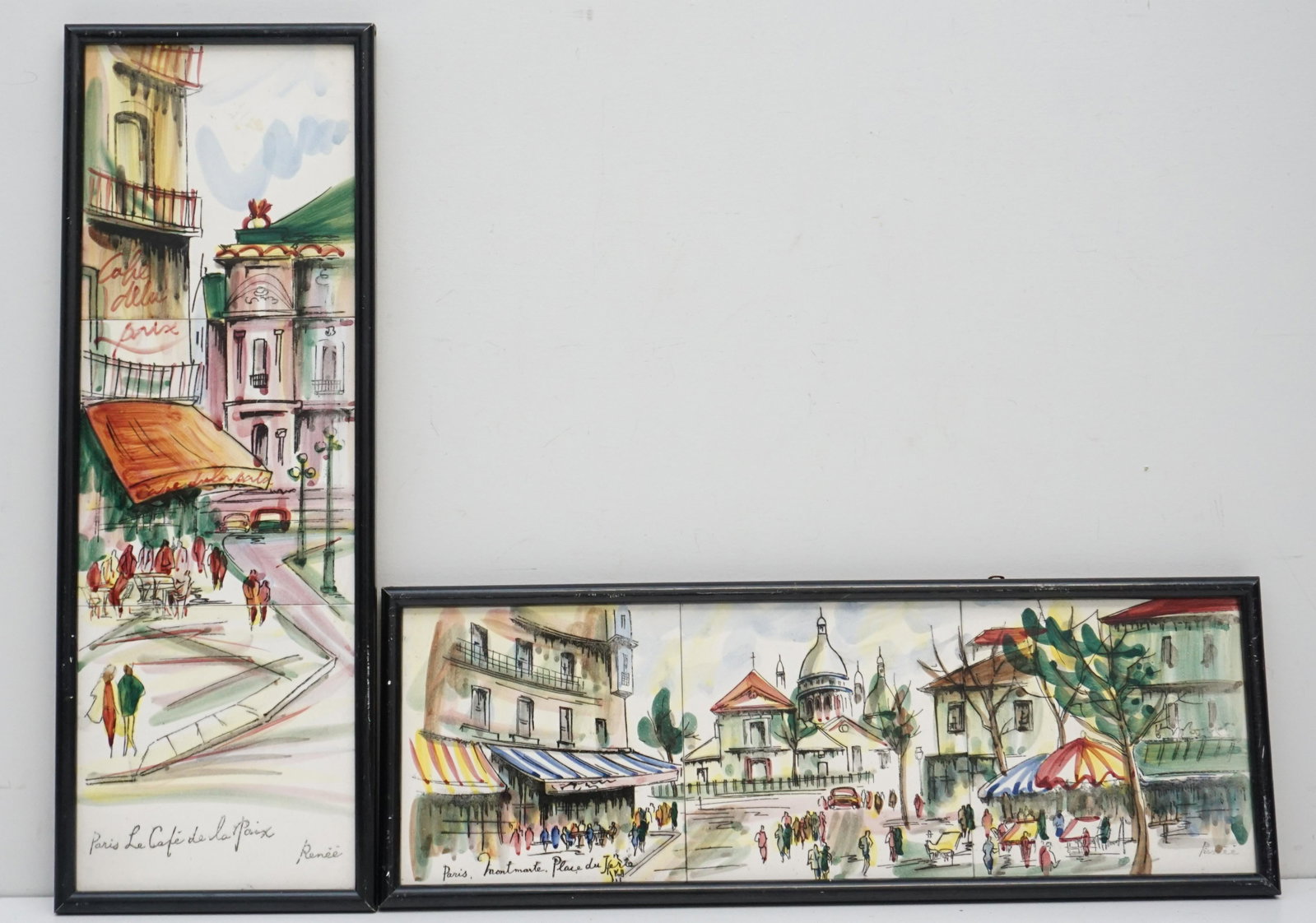 PAIR VINTAGE MID CENTURY FRENCH TILES: Pair of Vintage Framed Mid Century French Tiles. Hand Painted by "Renee" who was known for these tile paintings. Each frame contains 3 tiles, one with a view of Montmartre place du tertre the other wi