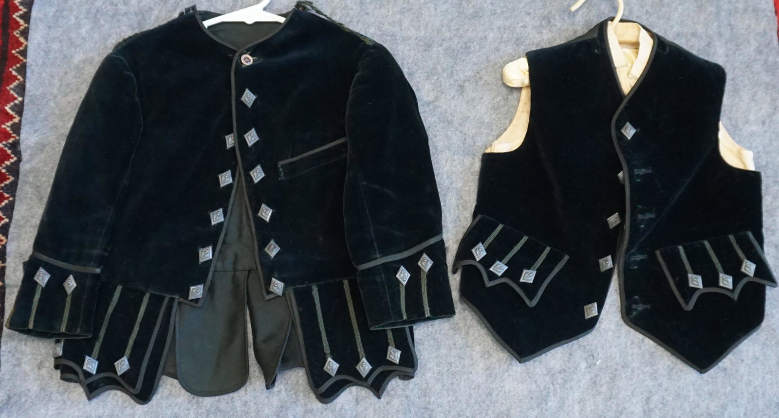 19th c. VICTORIAN BOYS 3 PC JACKET+: Victorian Boys c.1880 Black Velvet Jacket, Waistcoat and Vest. Jacket and Vest with metal embossed buttons, vest with MOP buttons. Some spotting to linen vest, Jacket and Waistcoat in remarkably good 