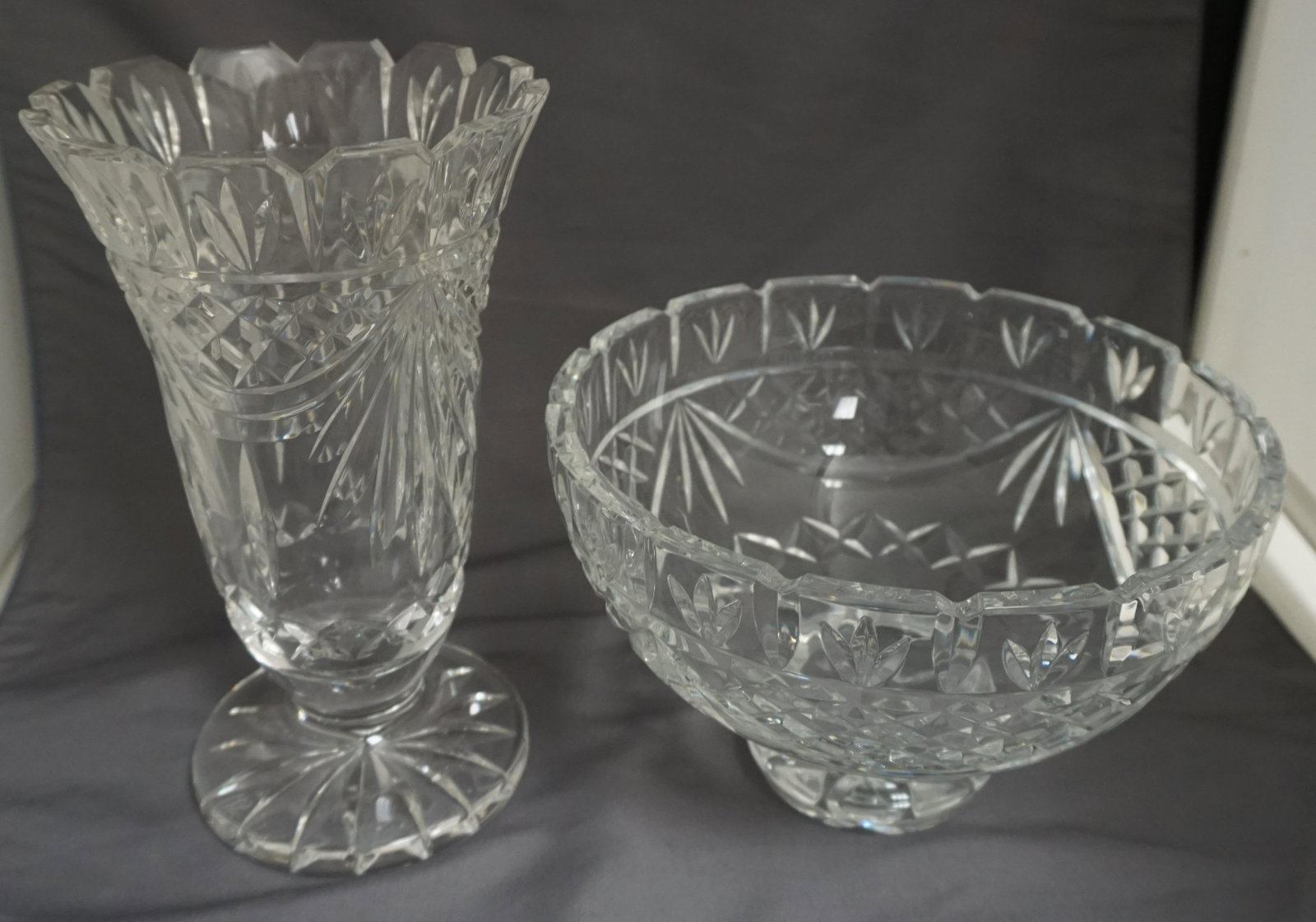 2 WATERFORD PENROSE CRYSTAL BOWL & VASE: 1- WS Waterford Crystal 8" Round Footed Bowl Penrose 1996 Signed Roy Cunningham. With Original Box. Bowl Measures 8"x8"x5". 2- WS Waterford Crystal 8.5" Penrose Vase 1994 Signed Jim Leary. With Origin