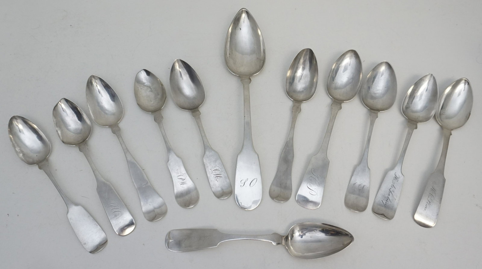 12 AMERICAN COIN SILVER RICE / SERVING SPOONS: Twelve Antique 18th and 19th c. American Coin Silver Serving / Rice Spoons. Charleston and others. Makers include, Platt & Brother, P.H., S & J Ettenheimer, Gorham & Webster, Sherman, Fitch, Kitts & S