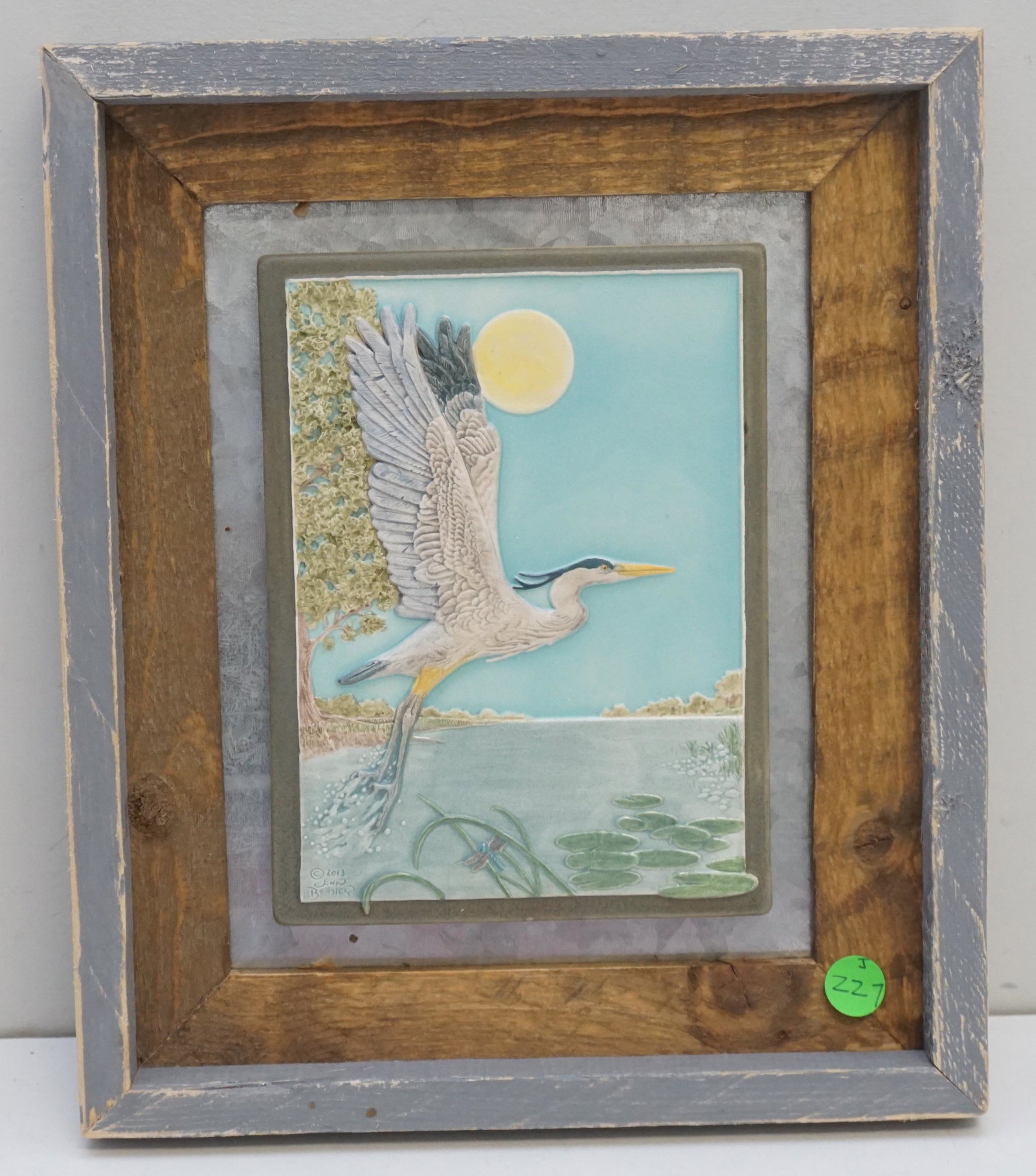 JOHN BEASLEY EGRET TILE: John Beasley of Medicine Bluff Studios, Great Blue Heron Ceramic Art Tile. Signed lower left. Tile 6"x8 1/2". In frame 11"x13"x1 1/2". Weight 3 pds. PROVENANCE: A Charleston SC Private Estate