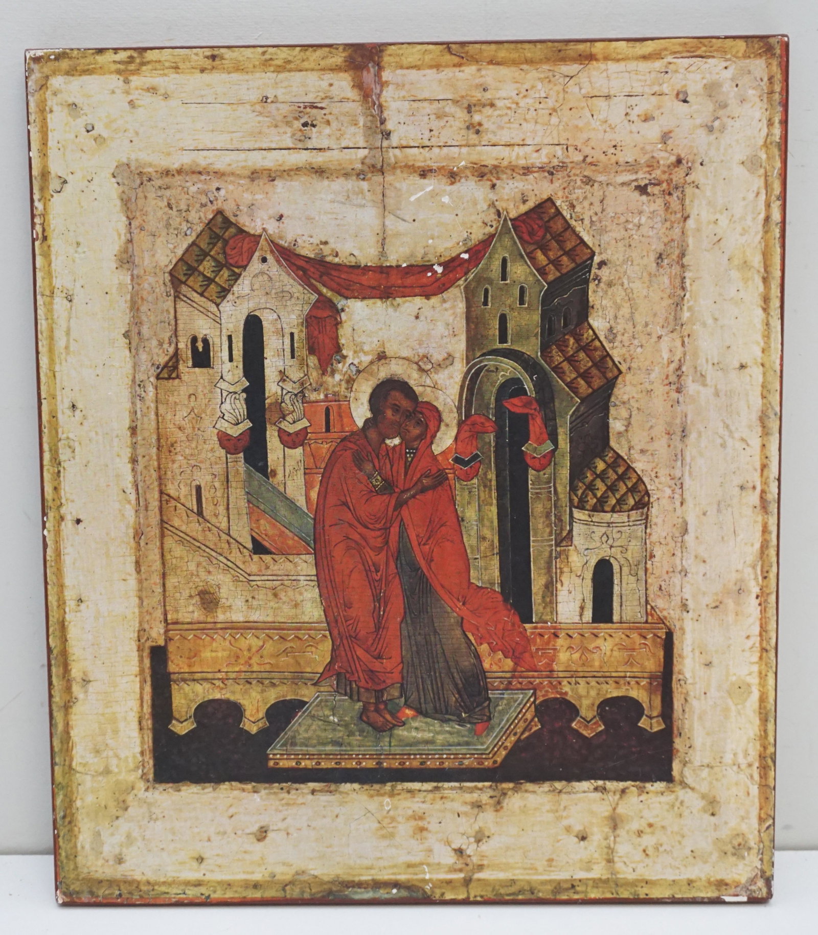 GERMAN ICON ON PANEL PRINT: German Icon Print on Panel. 20th c. The holy and righteous Joachim and Anna are the parents of the Theotokos, the grandparents of Jesus Christ. From Recklinghausen, Germany. Measures 11 3/4"x13 3/4"x1