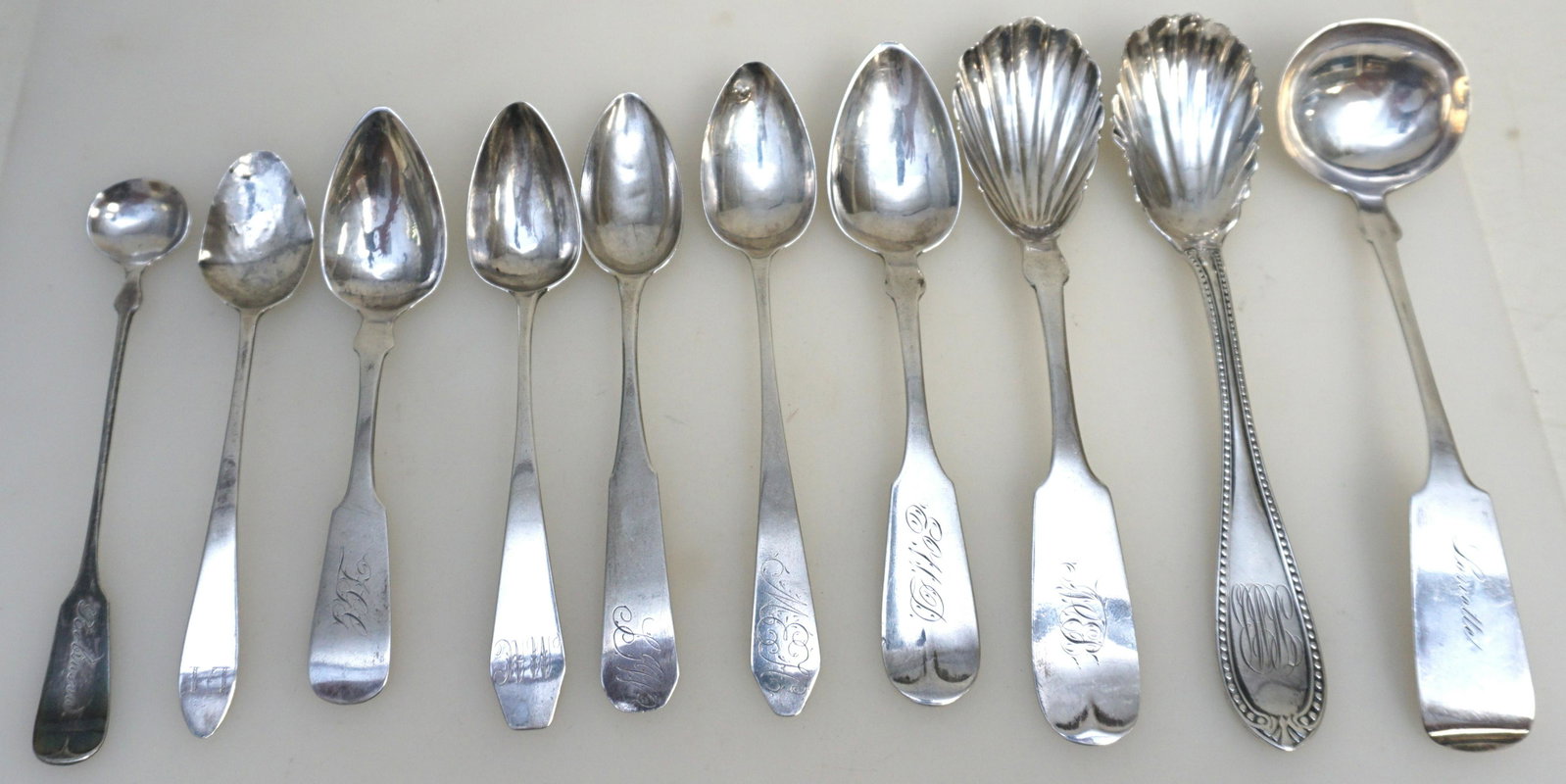 10 Pc ANTIQUE COIN SILVER +: Ten 18th and 19th c. Coin and Silver Spoons, Ladles, etc. Some marked coin, others are not marked and not tested, many monogrammed, all antique. 1- C. Beecher c. 1801-1820 Teaspoon 5 1/2". 2- Many & L