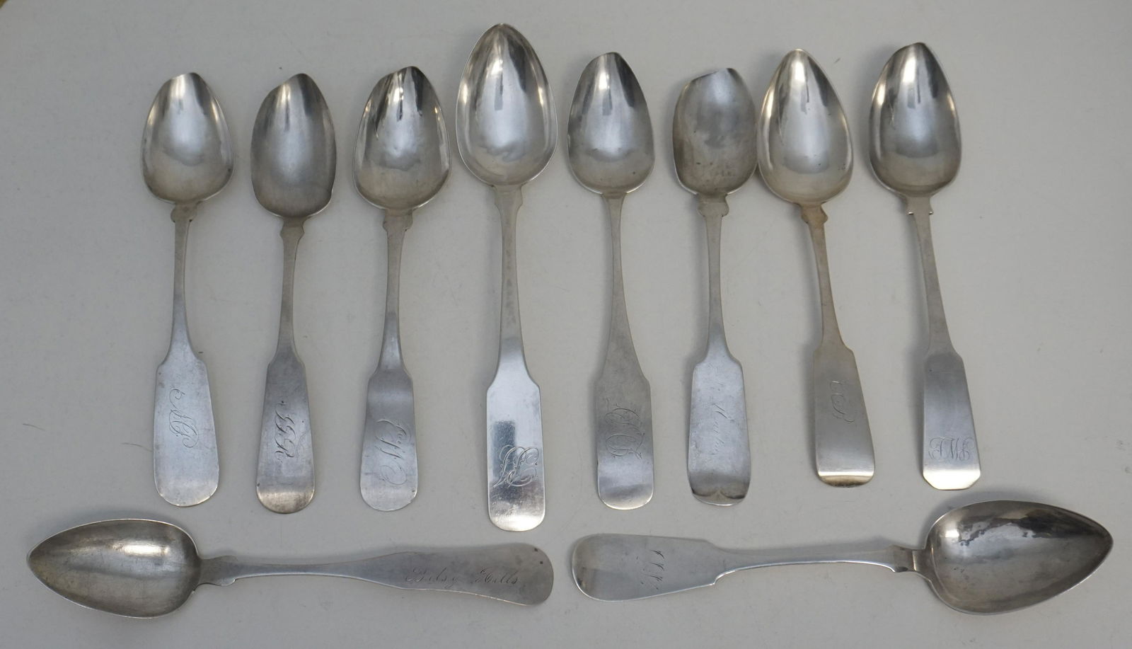 10 AMERICAN COIN SILVER RICE / SERVING SPOONS: Ten Antique 18th and 19th c. American Coin Silver Serving / Rice Spoons. Makers include, Smith & Chitry, N. Harding, R. Wheeler, M. Tucker, P. Garrett, E. Stellwagen, Upton & Dutton, Z. Bradley and ot