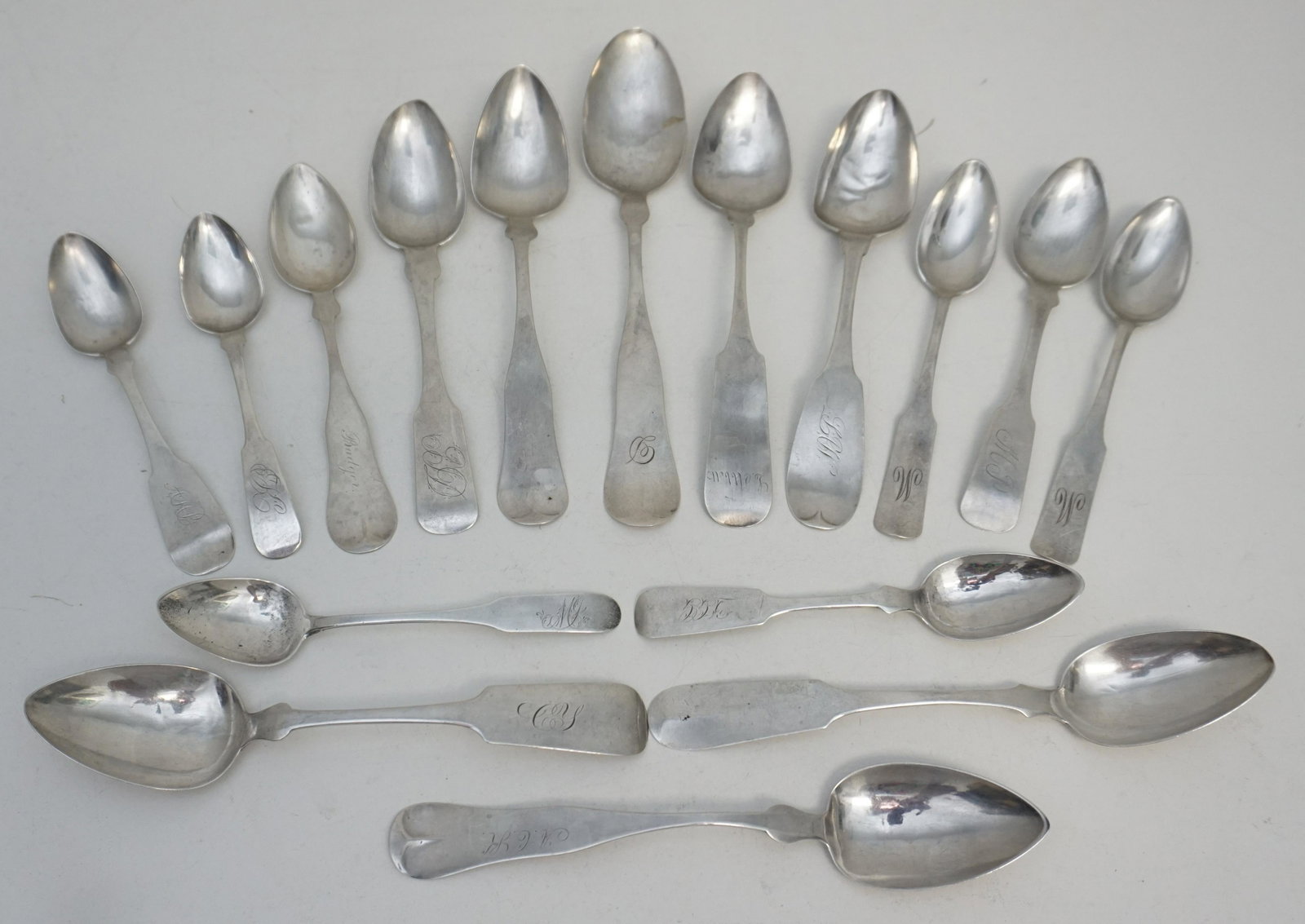 16 AMERICAN COIN SILVER TEASPOONS: 16 Antique 18th and 19th c. American Coin Silver Teaspoons & Serving Spoons. Charleston and others. Makers include F.L.A., Claremont, Smith & Chamberlain, Palmer & Bachhelder, James I. Lemon & Co., J.