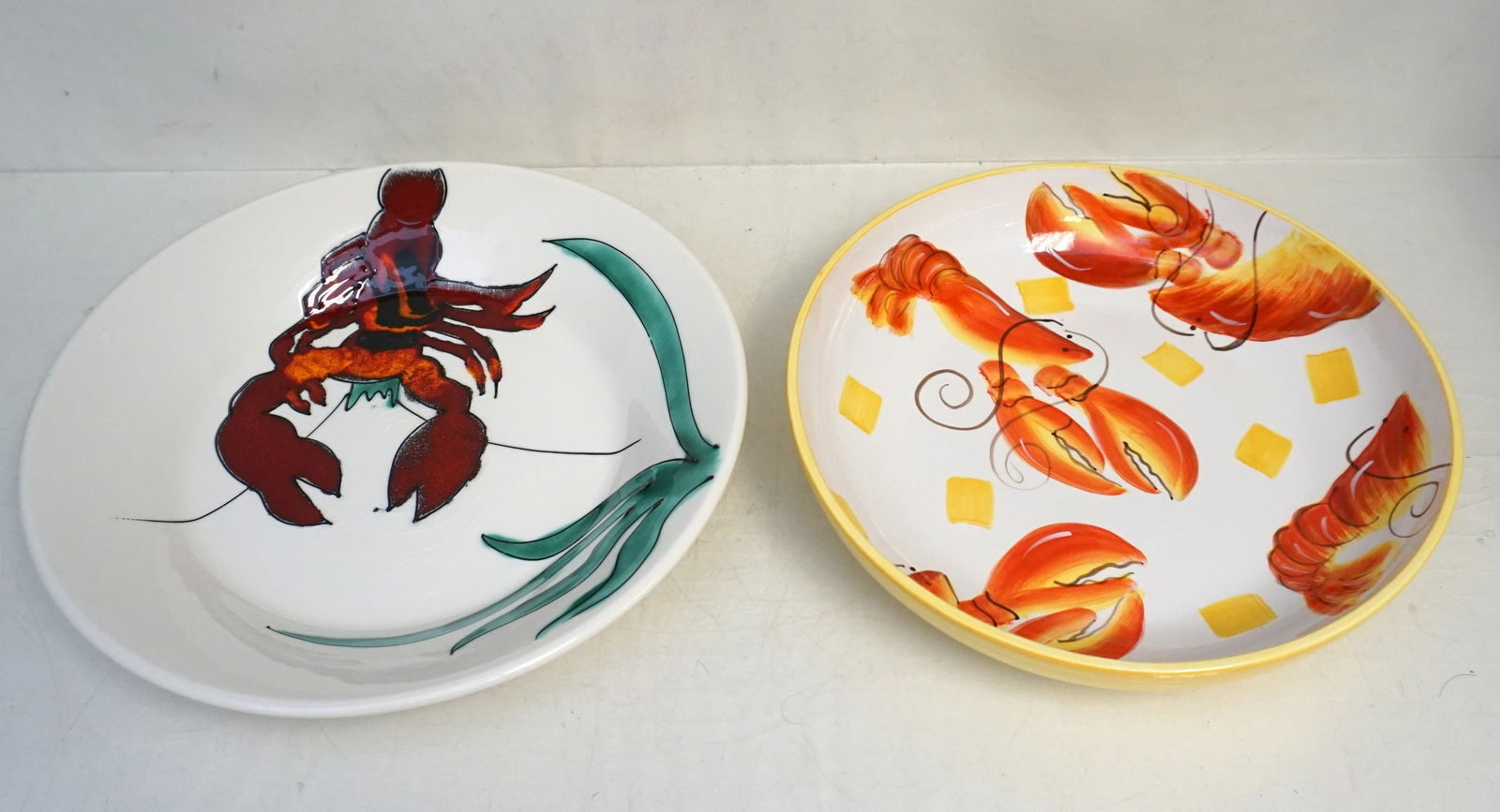 2 LARGE LOBSTER BOWL POOLE POTTERY: Large Poole Pottery England Hand Painted Lobster Bowl. Measures 13 3/4"x13 3/4"x2 1/4". 2- Pat Barker Wendover Lane Hand Painted Lobster Bowl 12 1/2"x12 1/2"x3". Weight 7 pds 7 oz.