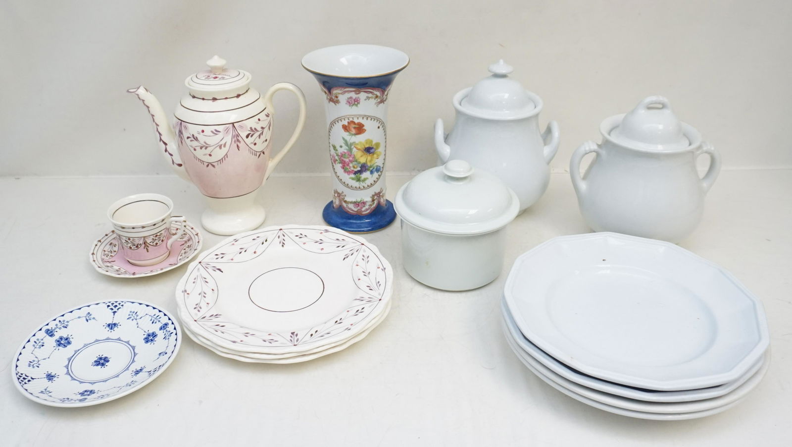 LOT 14 PC VINTAGE PORCELAIN PARIS ROYAL +: 14 Piece Vintage and Antique Porcelain and Ironstone. 1- Paris Royal Peint a la main Hand Painted Florals Vase 4 1/2"x7 3/4". 2- Cumbow Pottery, Abingdon VA Williamsburg Pattern Pink Lustre Teapot 8 1