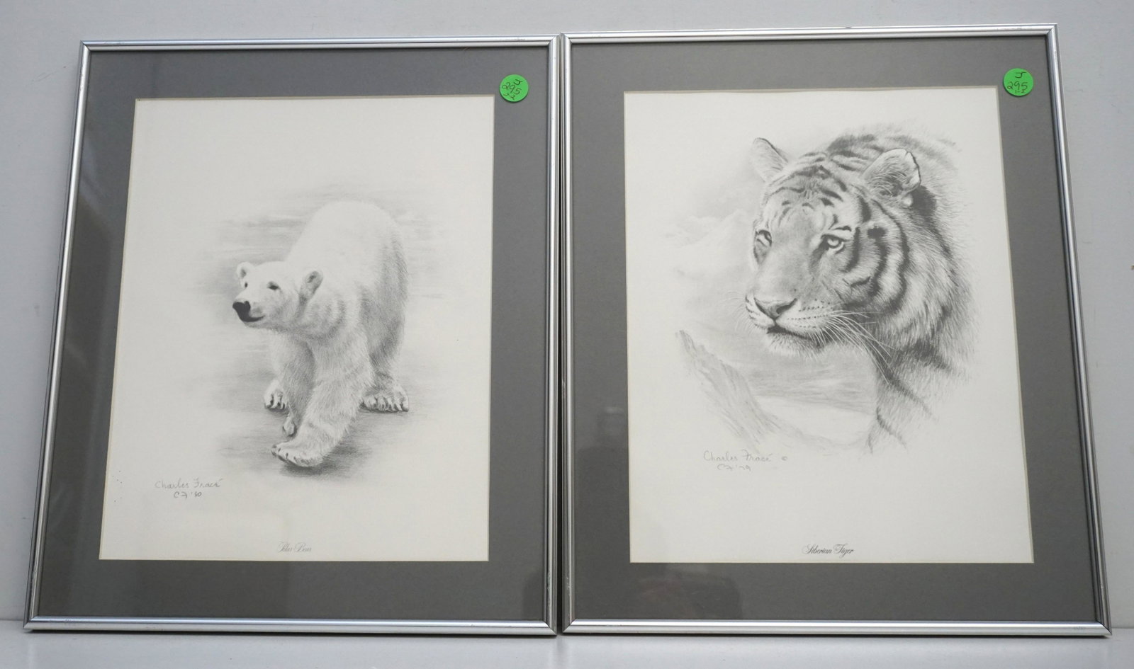 2 CHARLES FRACE SIGNED LITHOGRAPHS: Two Framed Pencil Signed Charles Frace Lithographs. Siberian Tiger and Polar Bear. In matching chrome frames with mats. Each 13"x15 1/2"x1". Weight combined 5 pds. PROVENANCE: A Private Charleston SC 