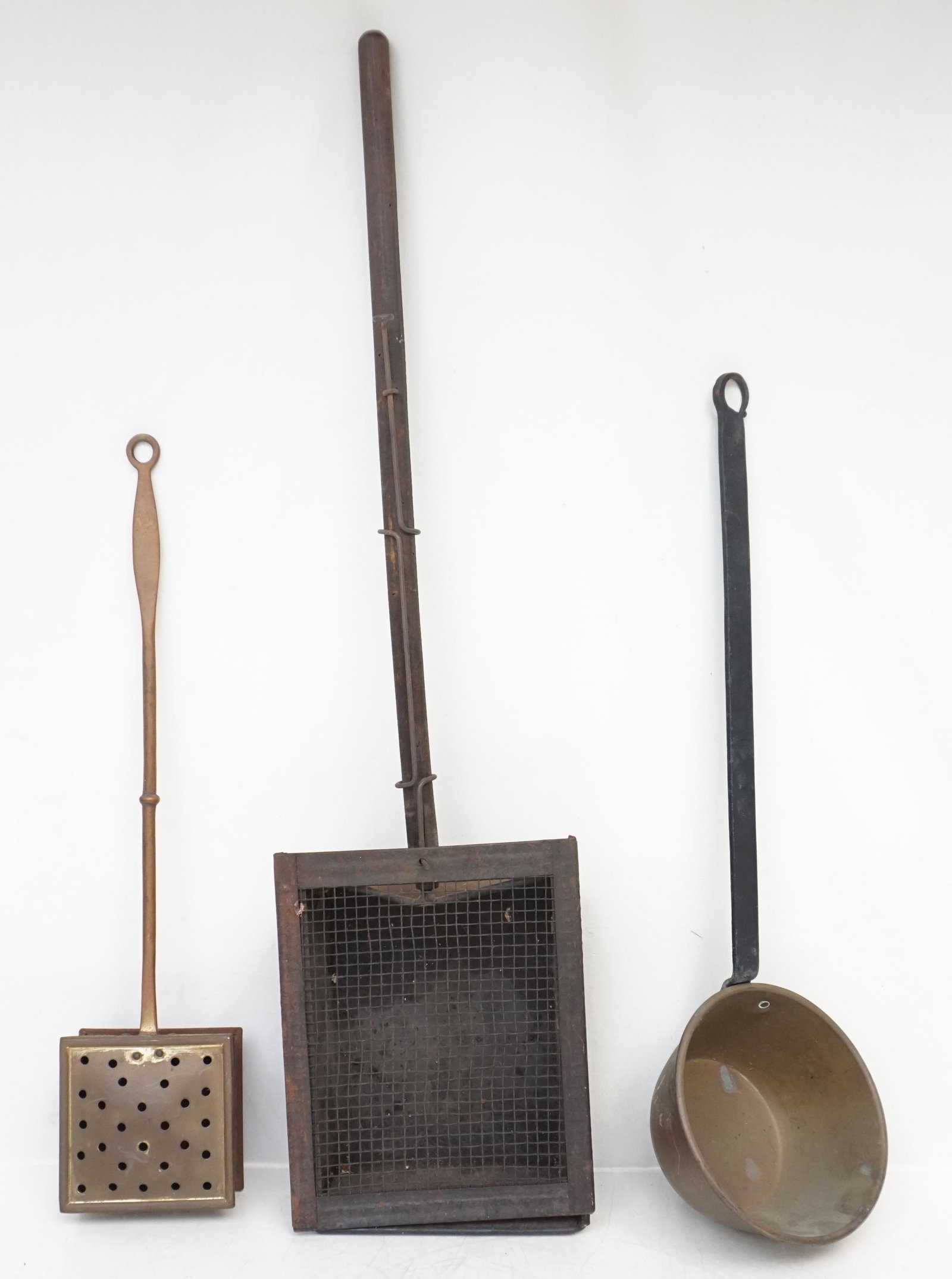 3 ANTIQUE PRIMITIVE ITEMS: 1- Primitive Long Handle Sifter 30". 2- Antique Copper Bed Warmer 20". 3- Large Brass and Iron Handle Ladle / Pan 21 1/2".