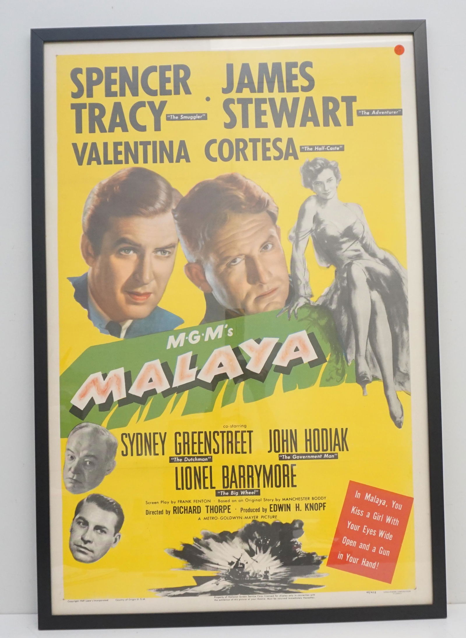 1949 MALAYA MOVIE POSTER: Malaya (MGM, 1949). One Sheet (27" X 41") Original Lobby Poster. Adventure. Starring Spencer Tracy, James Stewart, Valentina Cortese, Sydney Greenstreet, Lionel Barrymore, Gilbert Roland, John Hodiak,