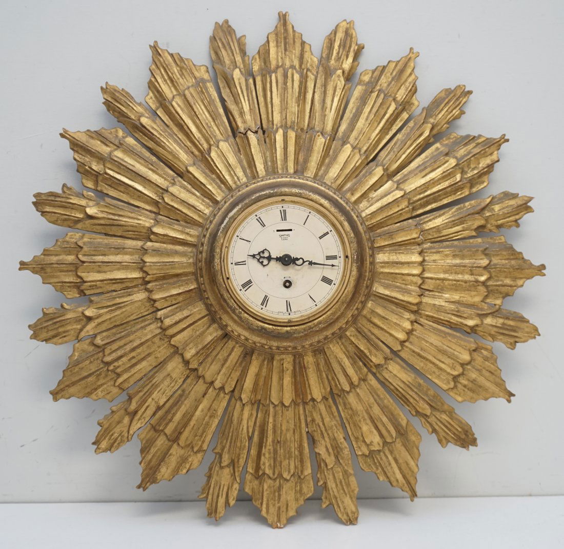 MID CENTURY SUNBURST CLOCK GILT WOOD (1 of 10)