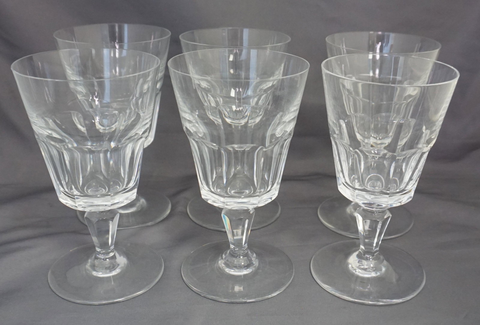 6 BACCARAT CRYSTAL BRETAGNE CLARET WINE GLASSES: Six (6) Baccarat Crystal Bretagne Claret Wine Glasses. All in excellent condition. All with acid etched hallmark on base. Each 5 1/4". Weight on all 3 pds 5 oz. Baccarat introduced the Bretagne patter