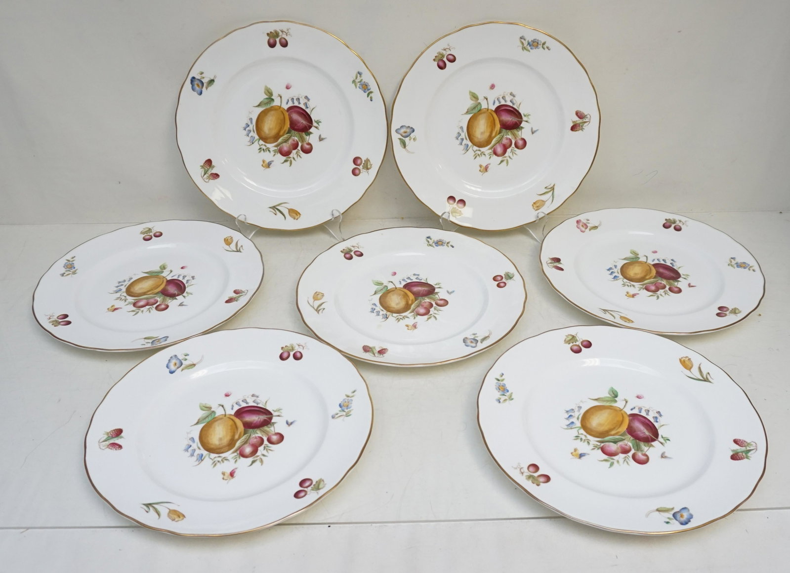 7 ROYAL WORCESTER DELECTA DINNER PLATES: Seven (7) Royal Worcester Delecta Large Dinner Plates. Fruits and insects, each measuring 10 1/2". Weight 10 pds. PROVENANCE: A Charleston SC Private Estate.