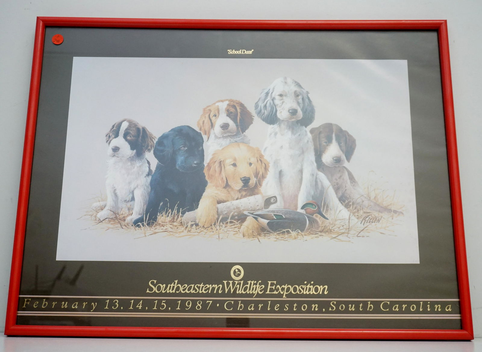1987 SEWE POSTER - PUPS: Framed 1987 SEWE Southeastern Wildlife Exposition "School Daze" by artist Jim Killen. In frame 27 1/2"x21"x1". Weight 5 pds 10 oz. PROVENANCE: A Private Charleston SC Estate