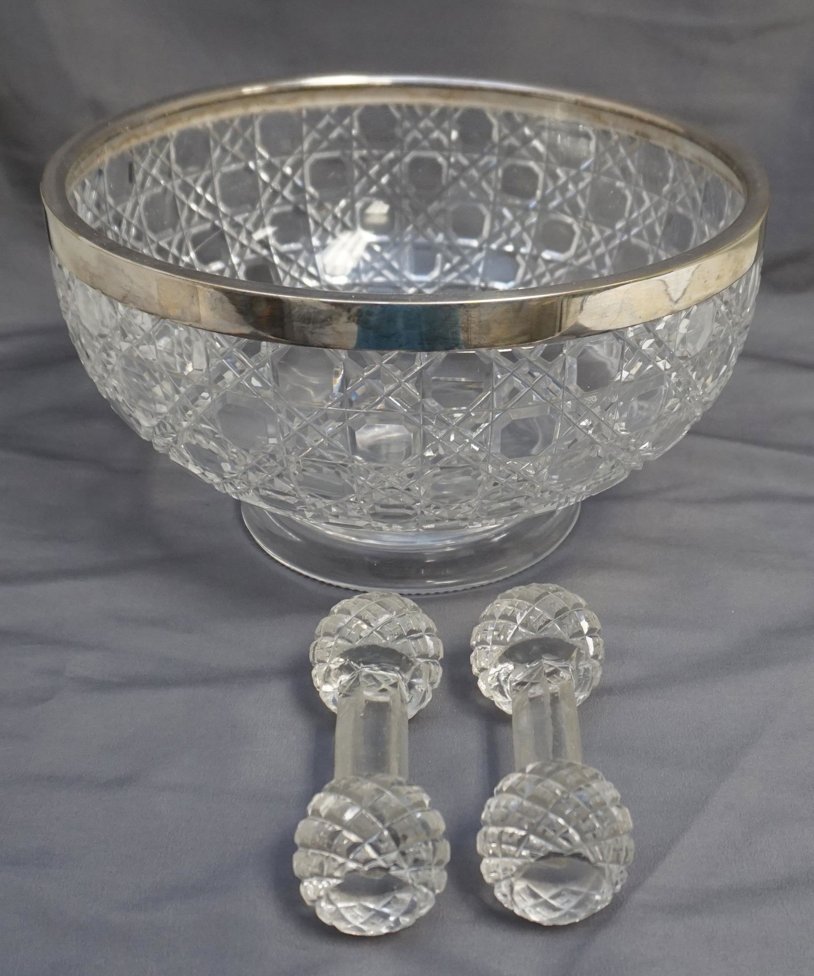 3 PC ANTIQUE CUT GLASS BOWL + KNIFE RESTS (1 of 7)