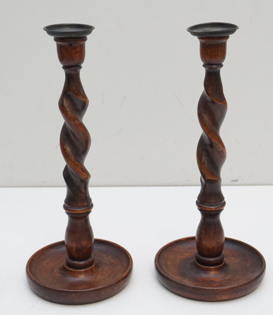 19TH C ENGLISH OAK BARLEY TWIST CANDLESTICKS (1 of 6)