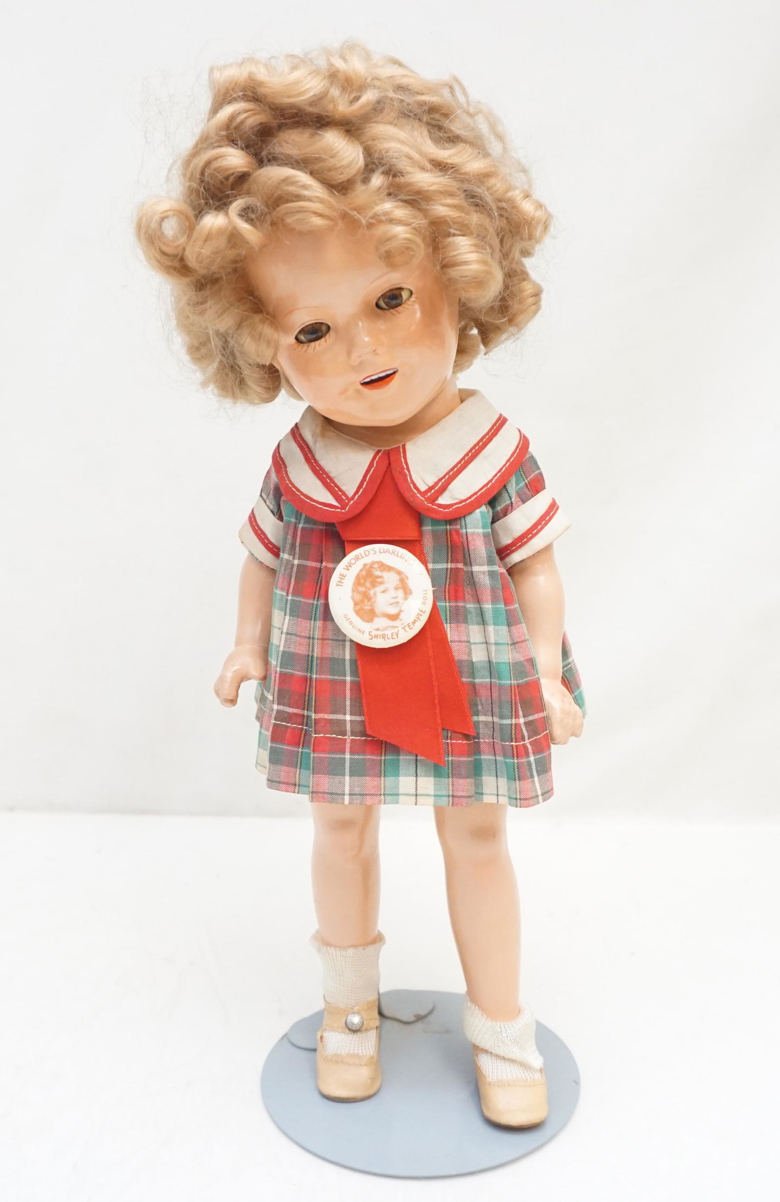 IDEAL 1930S SHIRLEY TEMPLE: Shirley Temple 13" Composition socket head, brown sleep eyes,real lashes,painted lashes and brows,open mouth with smiling expression,row of teeth,blonde mohair ringlet curled wig,five piece compositio