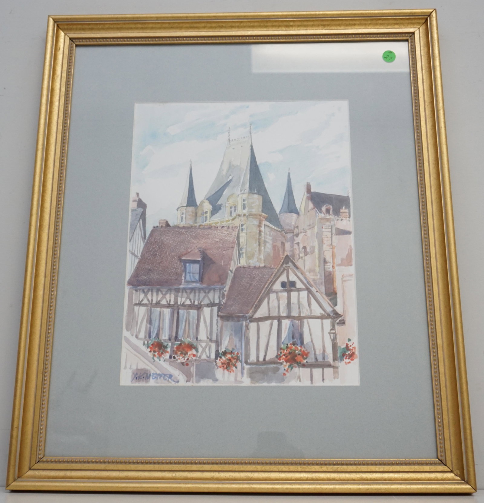 FRENCH WATERCOLOR BOURGES: Vintage French Watercolor signed Y.K. Netter of "La Maison de Jacques Coeur" in Bourges. Professionally Framed and Matted. In frame 26 1/2"x22"x1 1/4". Weight 7 pds. PROVENANCE: Gippy Plantation, Berk