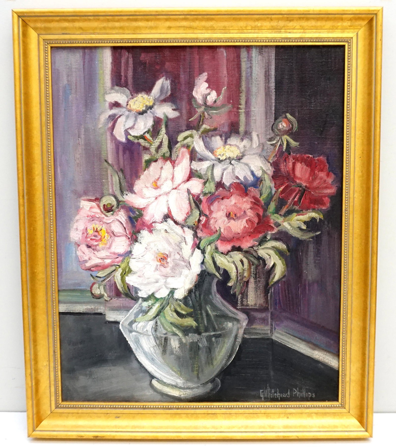 1940s GRACE WHITEHEAD PHILLIPS OIL: Mid century 1940-50 Original Oil on Canvas Grace Whitehead Phillips (Pennsylvania, 20th c.). Still Life Peonies in Glt wood frame. In frame 20"x24"x1 3/4". Weight 4 pds. PROVENANCE: Gippy Plantation, 