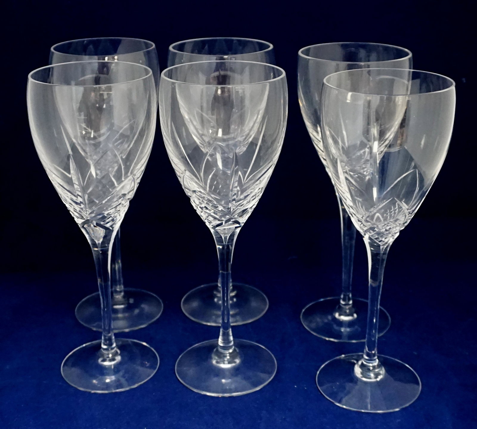 6 CLARET WINE EDINBURGH CRYSTAL SKYE: Six Edinburgh Crystal Skye Claret Wine Glasses. Cut Curves & Fans, each 7 7/8" tall. Weight on all 2 pds 12 oz. Edinburgh Crystal was a fine cut glass crystal manufactured in Scotland between 1867 and